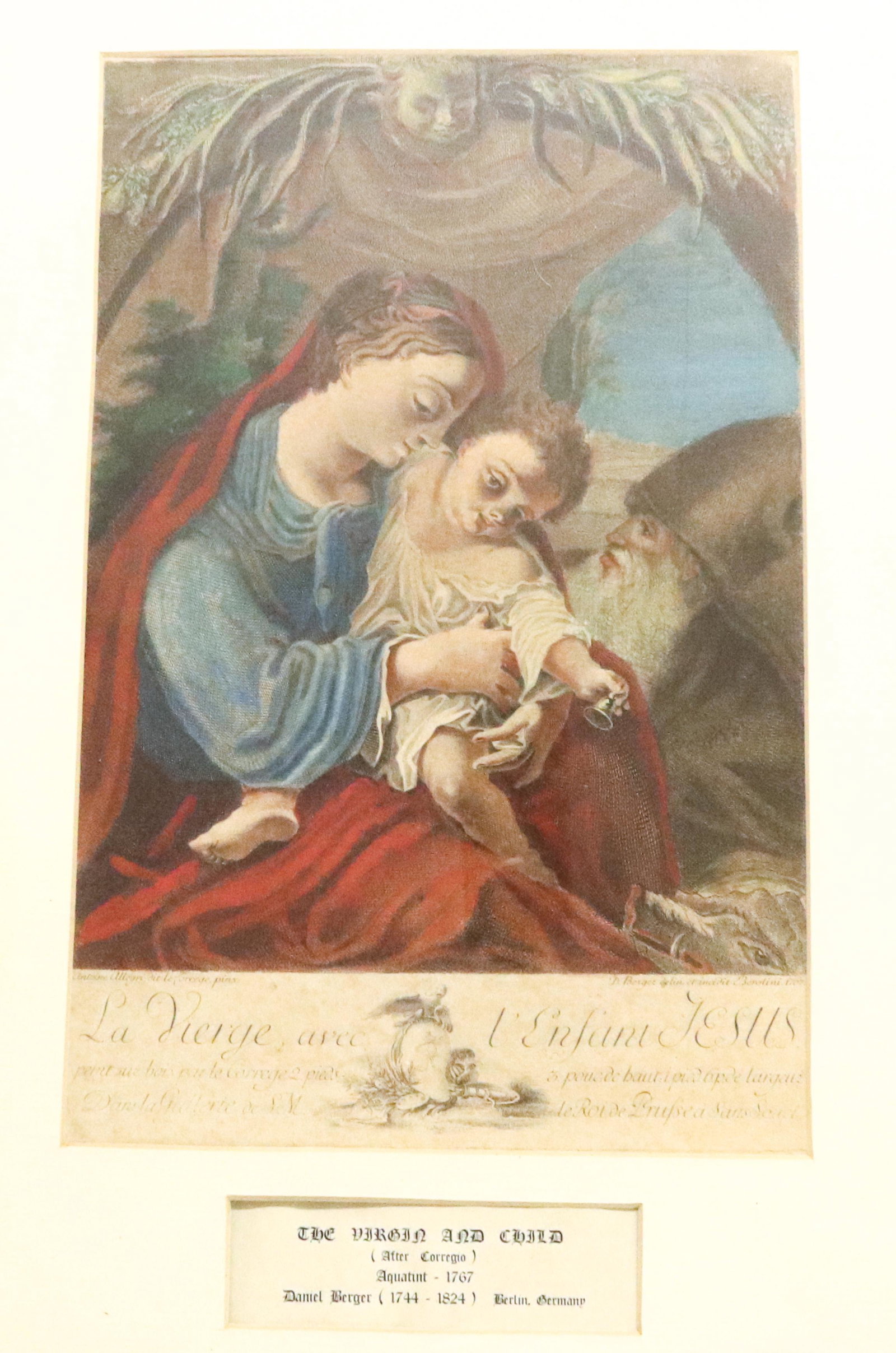 DANIEL BERGER (1744-1824, GERMANY) AQUATINT ENGRAVING: "THE VIRGIN AND CHILD" MATTED AND FRAMED UNDER GLASS. SIZE: 14 1/4" X 9" SIGHT VIEW PLEASE READ BEFORE BIDDING – PICKUP FOR THIS AUCTION WILL NOT BE UNTIL THE WEEK OF OCTOBER 25TH. PICK-UP WILL BE F