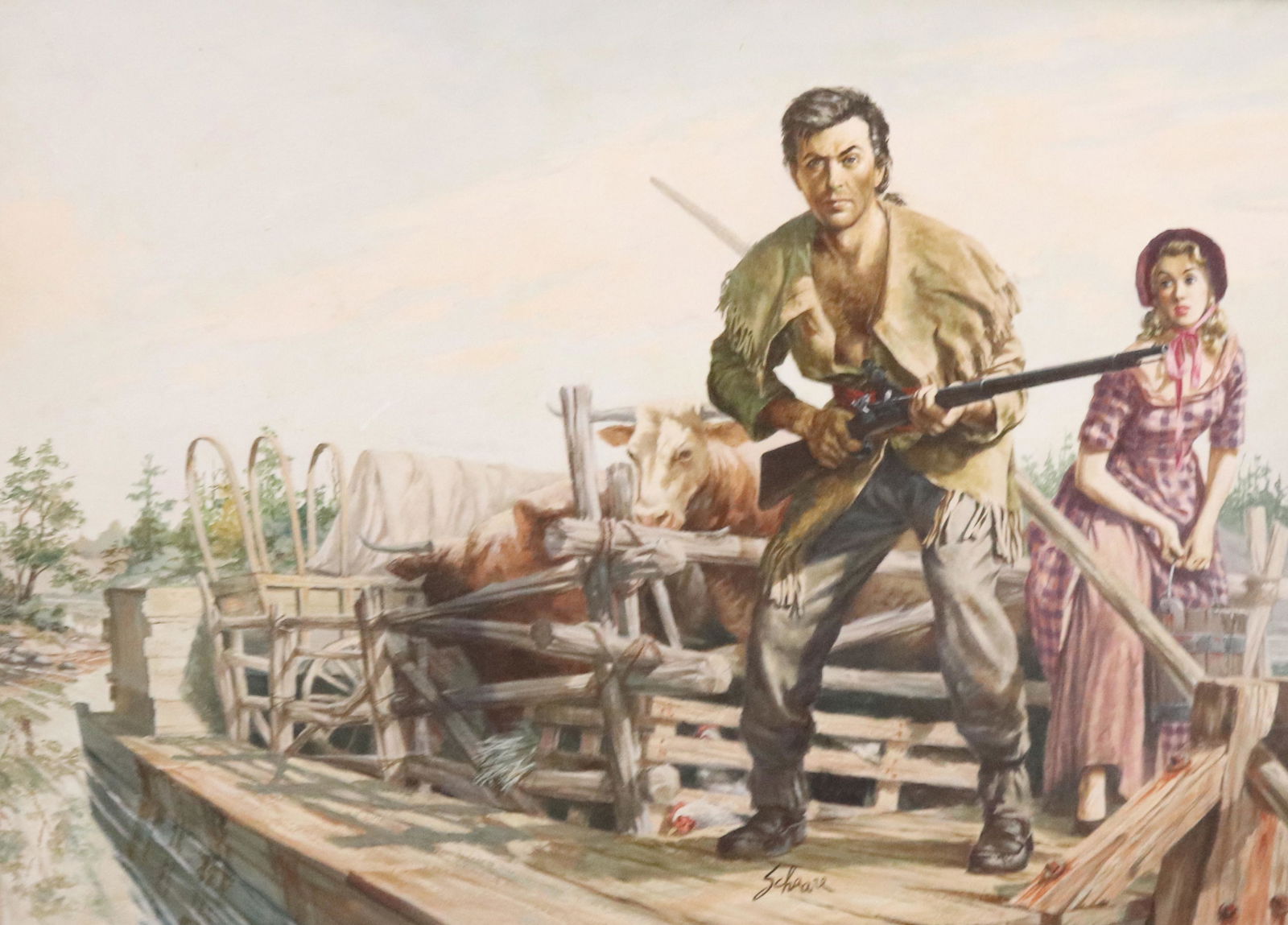 HARRY SCHAARE (1922-2008, AMERICAN) OIL ON BOARD: 1960 "WESTWARD THE RIVER" SGND. BOTTOM CENTER. FRAMED. CONSIGNOR RECEIVED DIRECTLY FROM ARTIST SIZE: 22" X 29" SIGHT VIEW PLEASE READ BEFORE BIDDING – PICKUP FOR THIS AUCTION WILL NOT BE UNTIL THE W