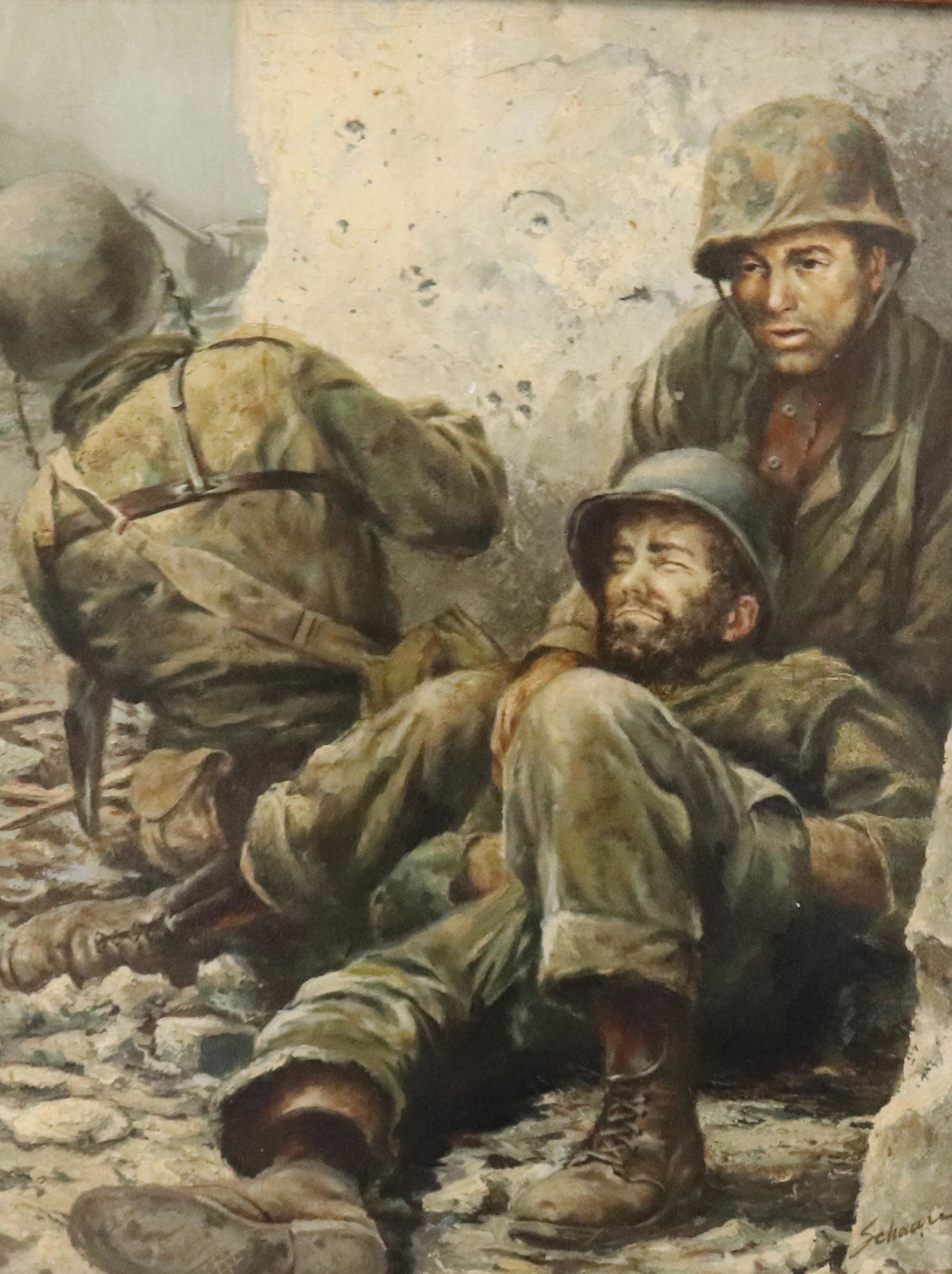 HARRY SCHAARE (1922-2008 AMERICAN) OIL ON BOARD: WWII SOLDIERS IN BATTLE. SGND. BOTTOM RIGHT. FRAMED. CONSIGNOR RECEIVED DIRECTLY FROM ARTIST SIZE: 17 1/2" X 13 1/2" SIGHT VIEW PLEASE READ BEFORE BIDDING – PICKUP FOR THIS AUCTION WILL NOT BE UNTIL