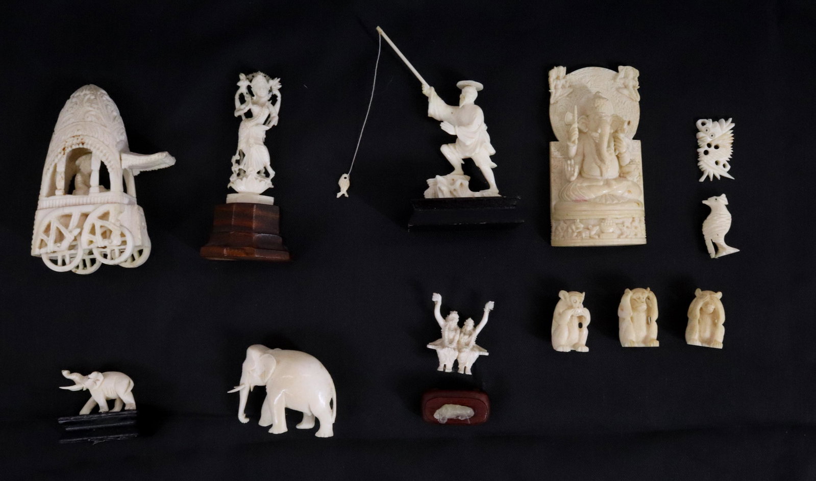 I9TH/20TH C. CARVED BONE FIGURES: (12) INCLUDING: FISHERMAN, ELDER IN CARRIAGE, TWO BUDDHIST GODS, THREE MONKEYS AND MORE-1 1/4" TO 3 1/2" H - PLEASE READ BEFORE BIDDING â€“ PICKUP FOR THIS AUCTION WILL NOT BE UNTIL THE WEEK OF O