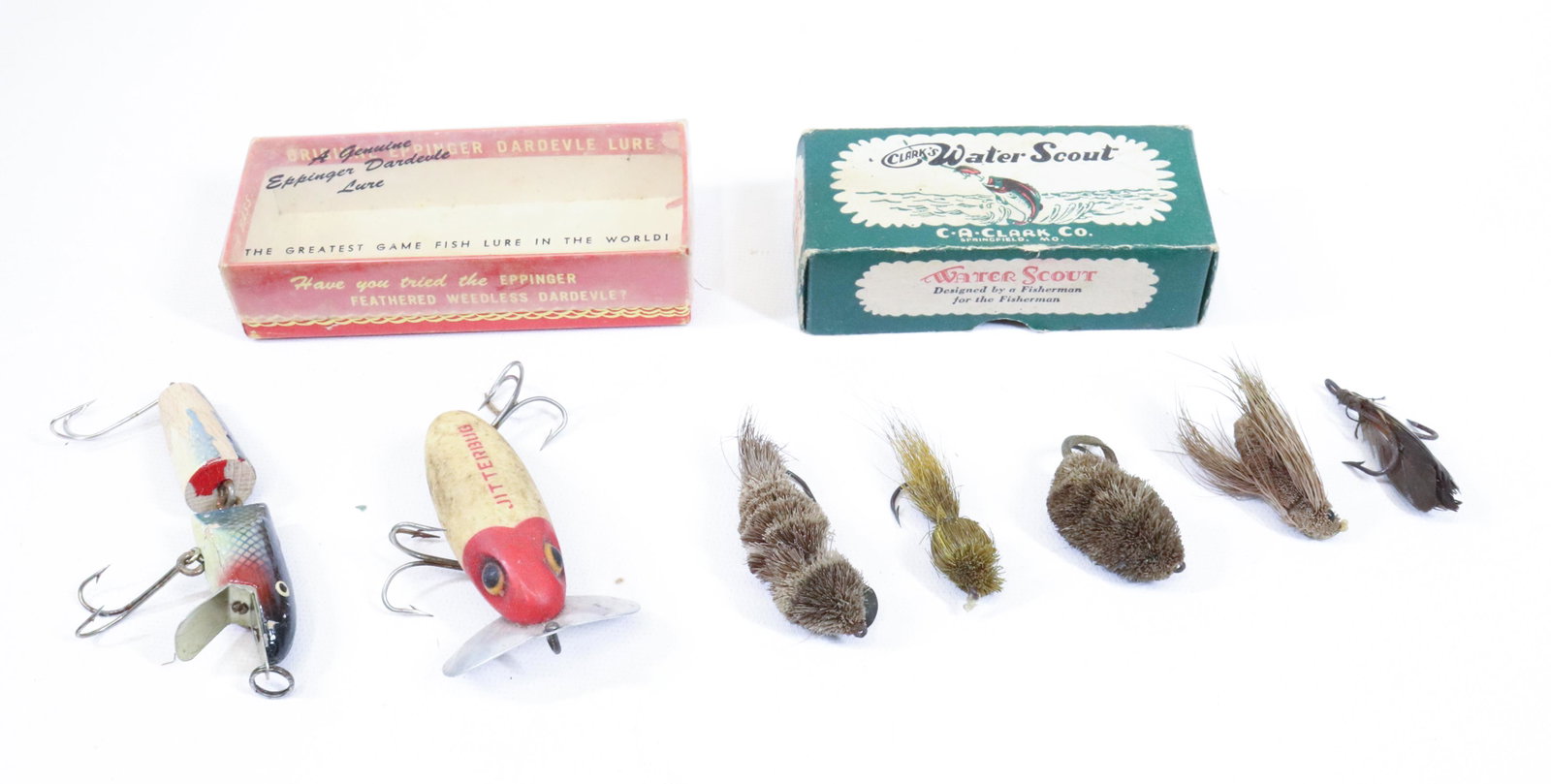 ANTIQUE FISHING LURE GROUP: (7) INCLUDING: (2) MICE, FLY, BUG, JITTERBUG, AND DARDEVLE LURE - (2) BOXES
