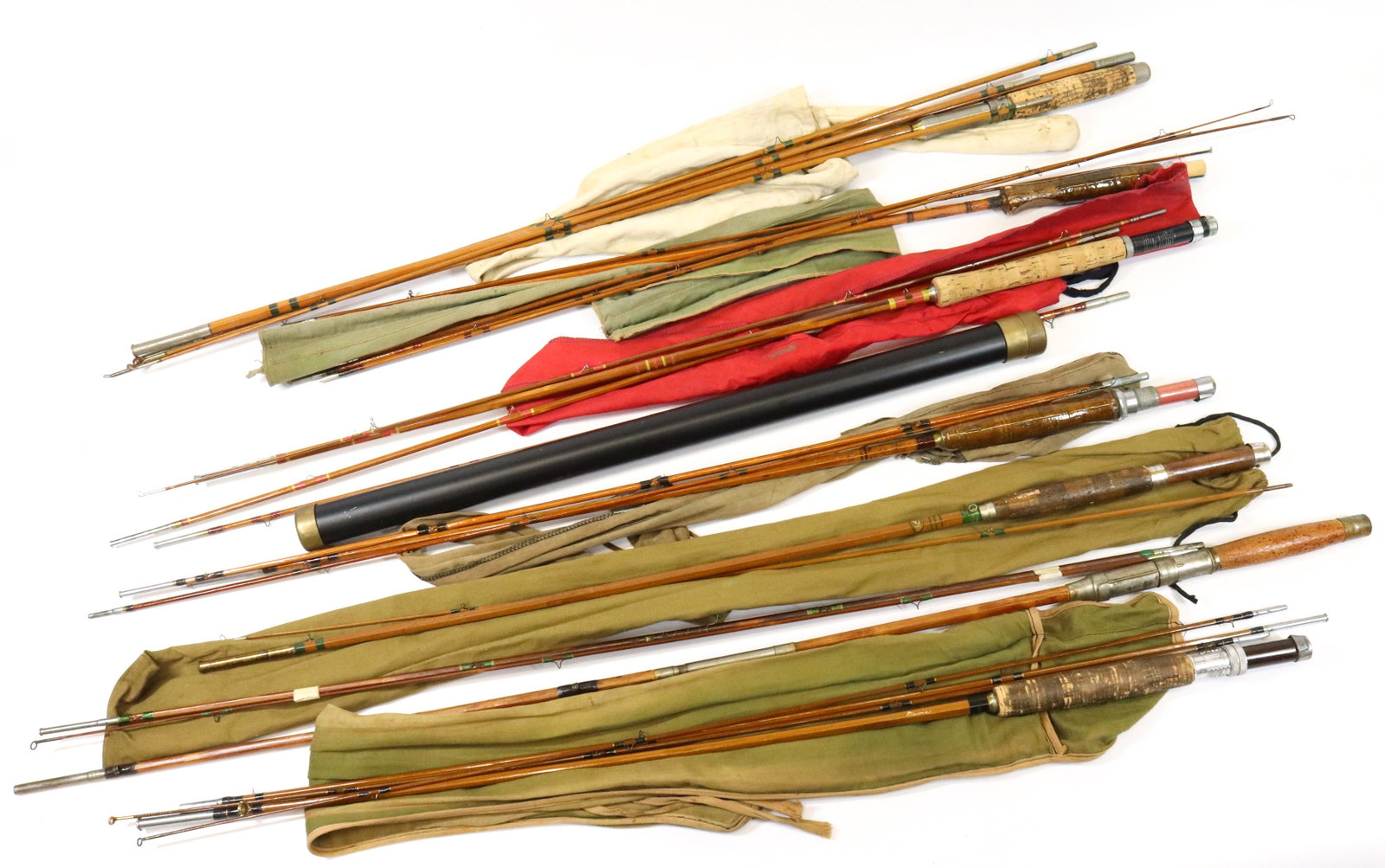 LARGE LOT OF VINTAGE BAMBOO FLY RODS: ONE MARKED PRESIDENT, SOUTH BEND, HORROCK GIBSON, AND OTHERS - EXTRA PIECES