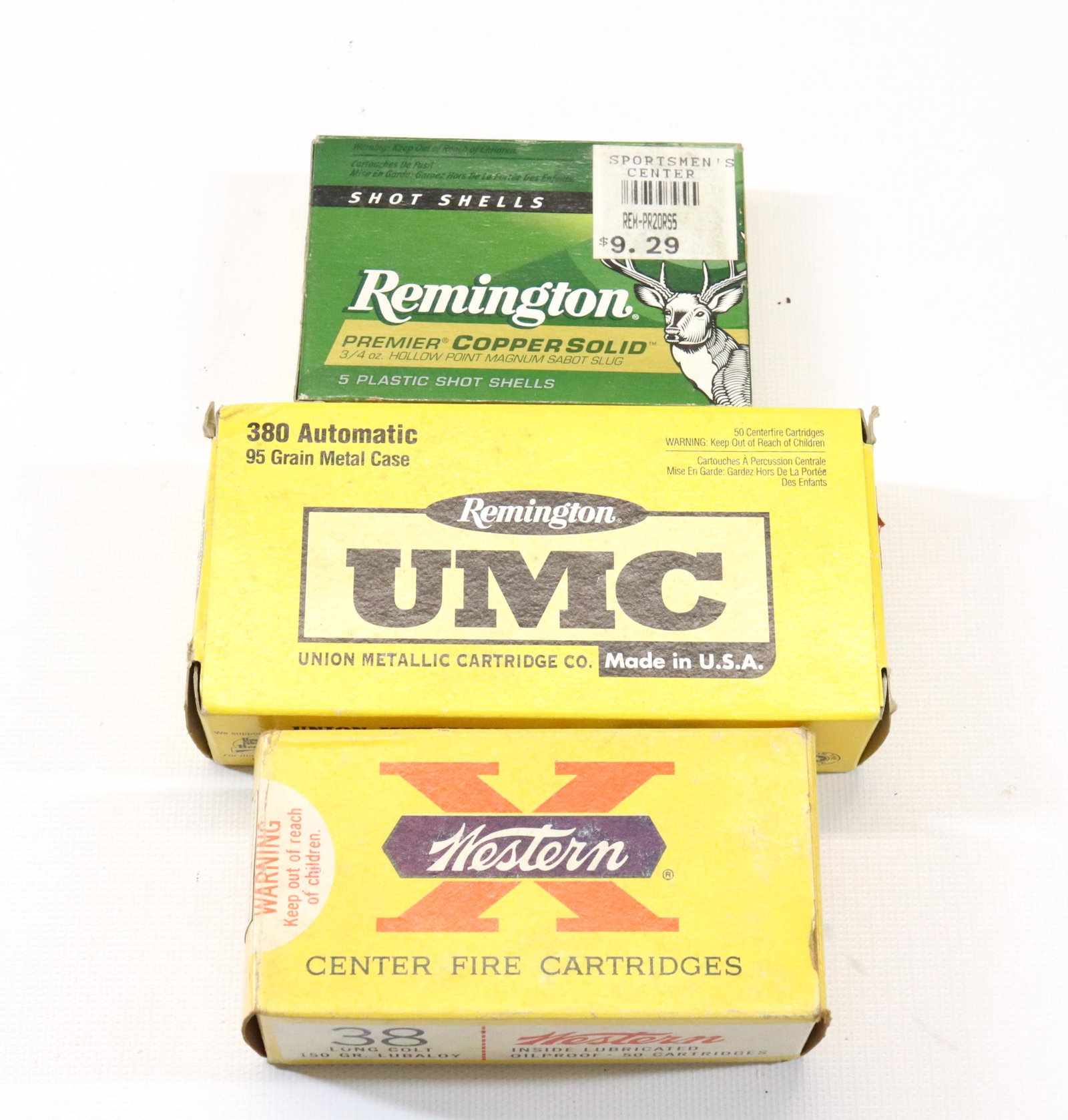 LOT OF AMMO: (1) FULL BOX OF .38 LONG COLT - (1) FULL BOX OF REMINGTON .380 AUTO - REMINGTON .20 GA SLUGS