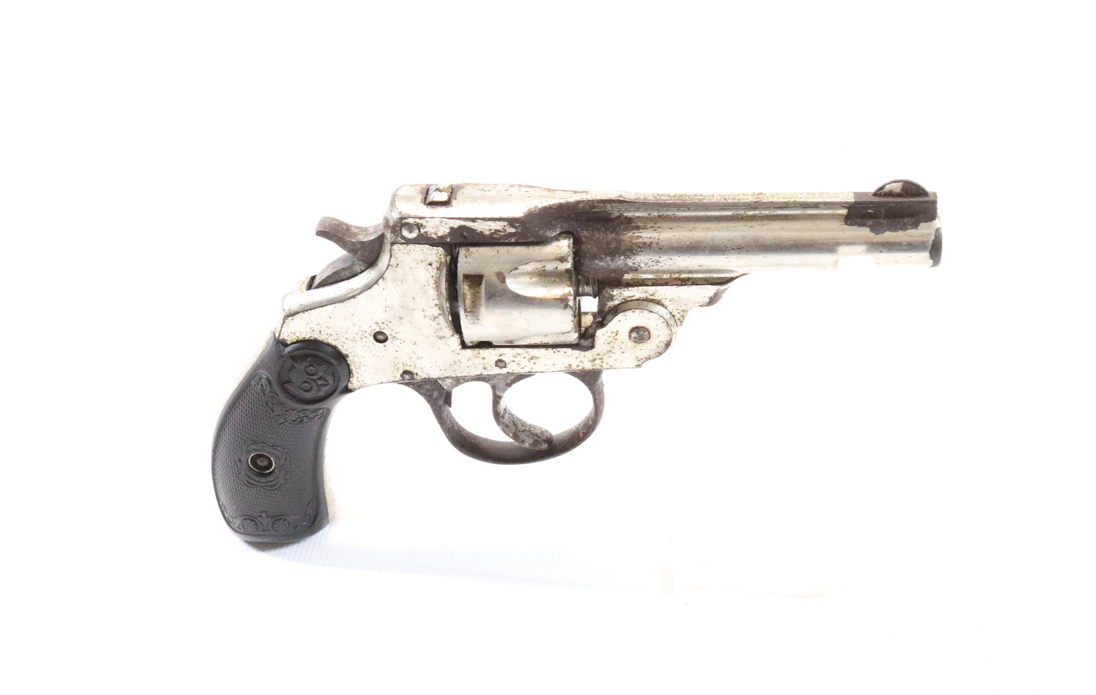 IVER JOHNSON TOP BREAK REVOLVER: .30 CAL - SERIAL# A16901 - 3" BARREL - NICKEL FINISH REGISTRATION: ANTIQUE OR BLACK POWDER, DOES NOT NEED TO BE REGISTERED