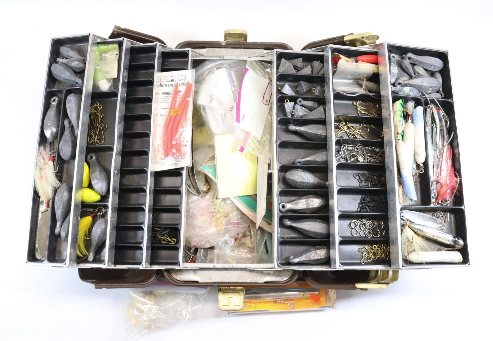 LARGE SALTWATER TACKLE BOX: BOX WITH ENTIRE CONTENTS - LURES, JIGS, WEIGHTS, HOOKS, AND MORE