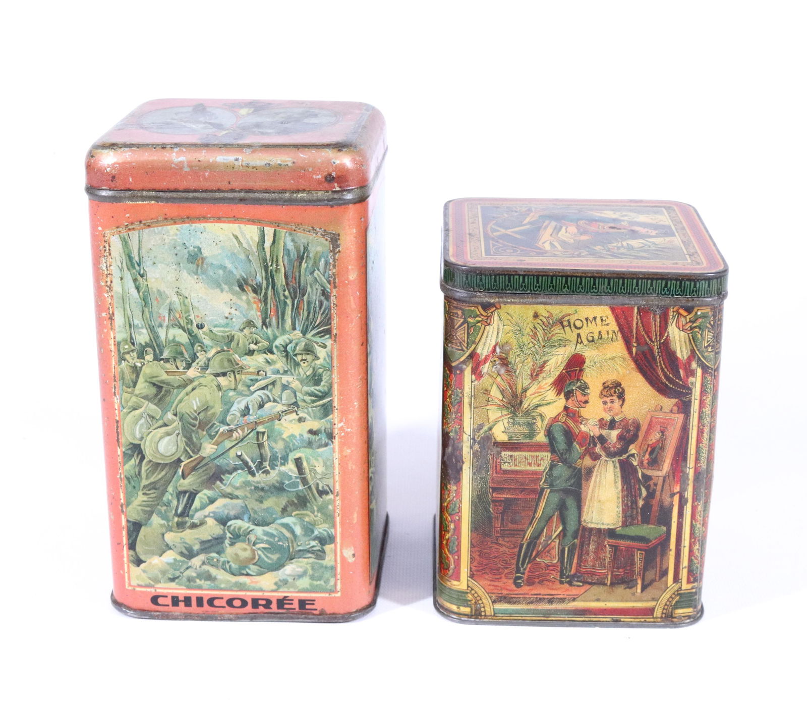 (2) UNMARKED TIN LITHO MILITARY THEMED BISCUIT TINS (1 of 5)