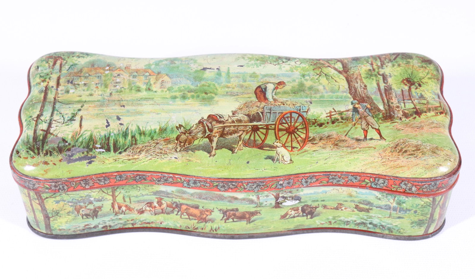 HUNTLEY & PALMERS TIN LITHO BISCUIT TIN: HINGED LID. LAKESIDE CA. 1896 2 1/4" X 8 3/4" X 3 3/4"