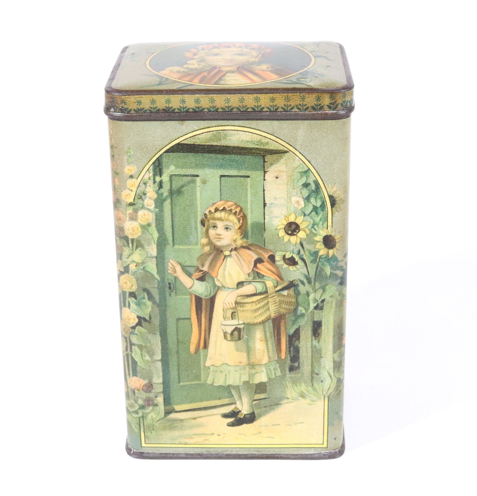 McVITIE & PRICE TIN LITHO BISCUIT TIN: RED RIDING HOOD. CA. 1880 6 3/4" X 4" X 3 1/4"