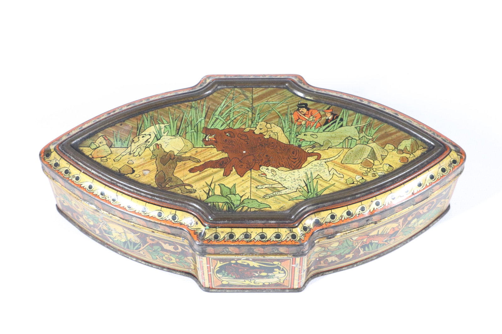 HUNTLEY & PALMERS TIN LITHO BISCUIT TIN: MARQUETRY. UNUSUAL SHAPE WITH HUNTING SCENE. CA. 1898 2 1/2" X 9" X 4 1/2"