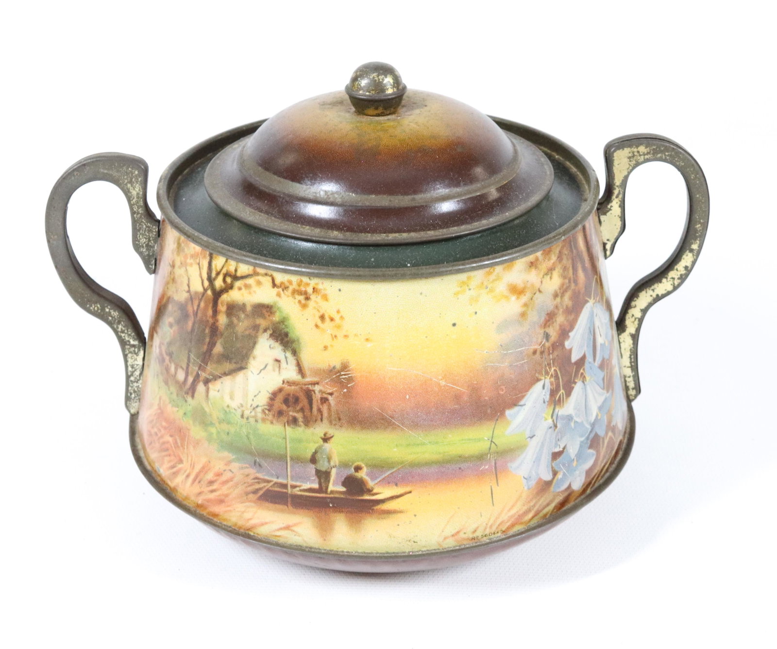 HENDERSON & SONS VASE SHAPED BISCUIT TIN: REMOVEABLE LID WITH ATTACHED HANDLES. ART NOUVEAU STYLE CA. 1910 5" X 7 1/2"
