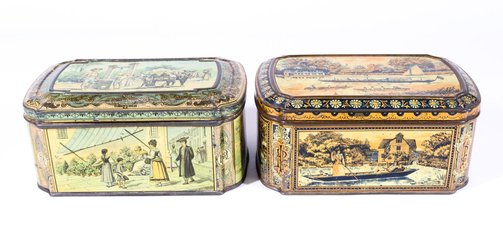 (2) HUNTLEY & PALMERS TIN LITHO BISCUIT TINS: SPANISH CA. 1898 AND "THAMES" CA. 1895 3 1/4" X 7" X 4 1/2"