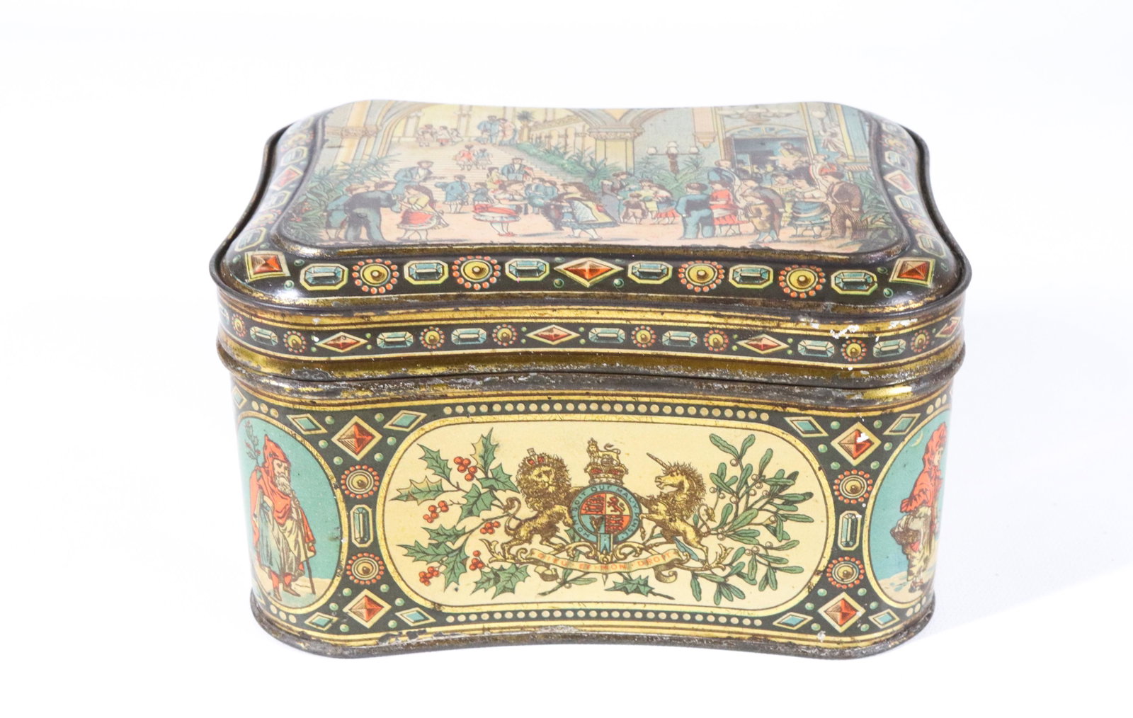 HUNTLEY & PALMERS TIN LITHO BISCUIT TIN: CHILDRENS PARTY XMAS PARTY IN MANSION CA. 1880 3 3/4" X 6 1/2" X 5"