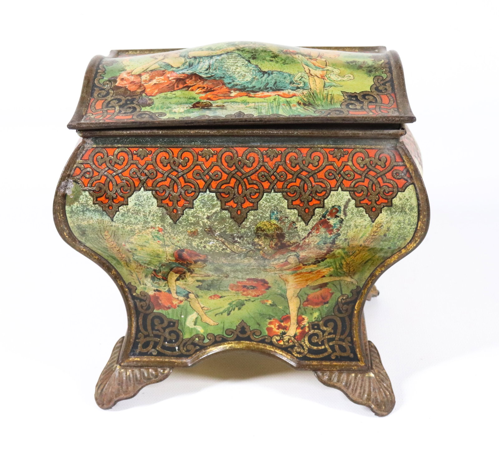 HUNTLEY & PALMERS TIN LITHO BISCUIT TIN: RECTANGULAR URN "FAIRY". CA. 1898 6 1/2" X 6 1/4" X 5 1/4"