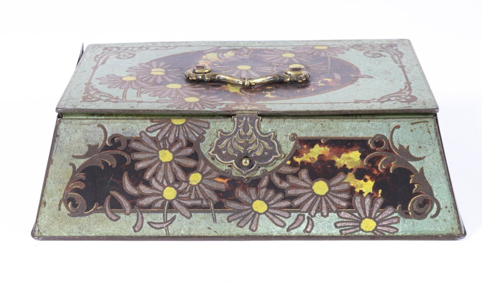 CARR & CO. TIN LITHO BISCUIT TIN: CASKET STYLE WITH DAISIES 2 1/2" X 8 1/2" X 5 1/2"