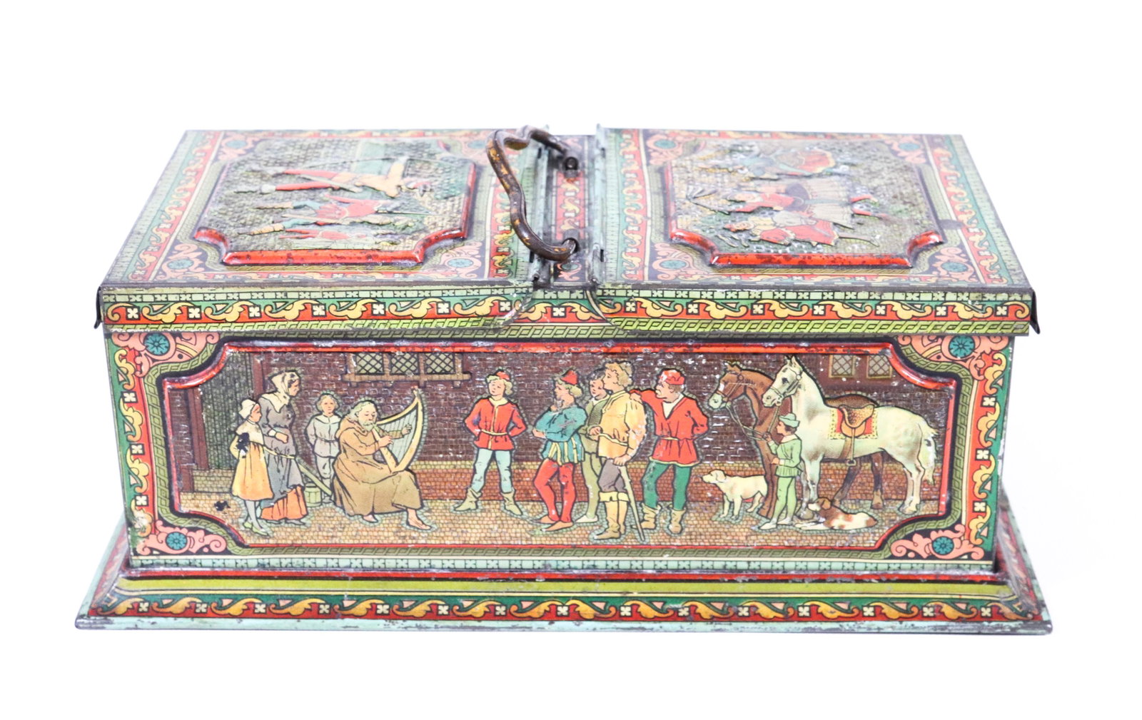 HUNTLEY & PALMERS TIN LITHO BISCUIT TIN: TWO HINGED LIDS WITH DROP HANDLE IN CENTER. JOUSTING AND FESTIVAL EVENTS 3 1/2" X 9" X 5"