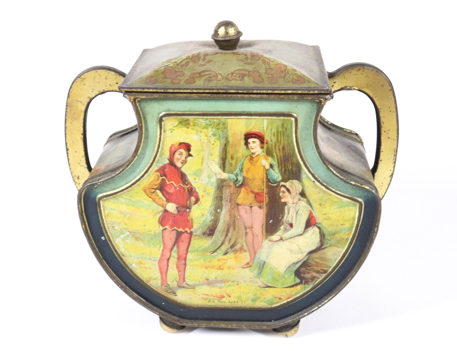 HUNTLEY & PALMERS TIN LITHO BISCUIT TIN: URN WITH HINGE LID AND FOUR BALL FEET CA. 1912 7" X 7" X 3 1/2"