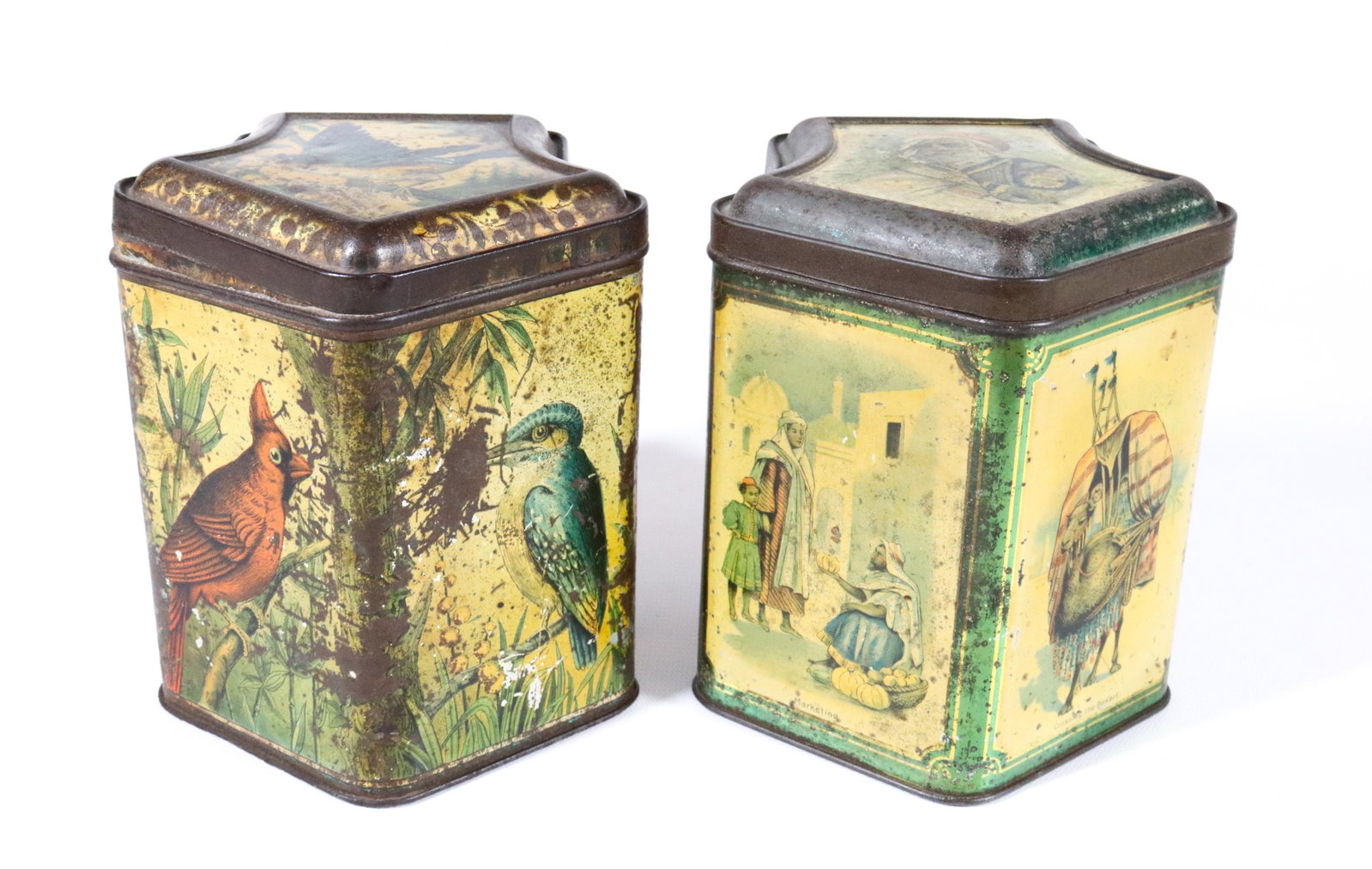 (2) PEEK FREEN & CO. TIN LITHO BISCUIT TINS: ARABIAN CA. 1897 AND "BIRDS" CA. 1890 5 1/2" X 5" X 5"