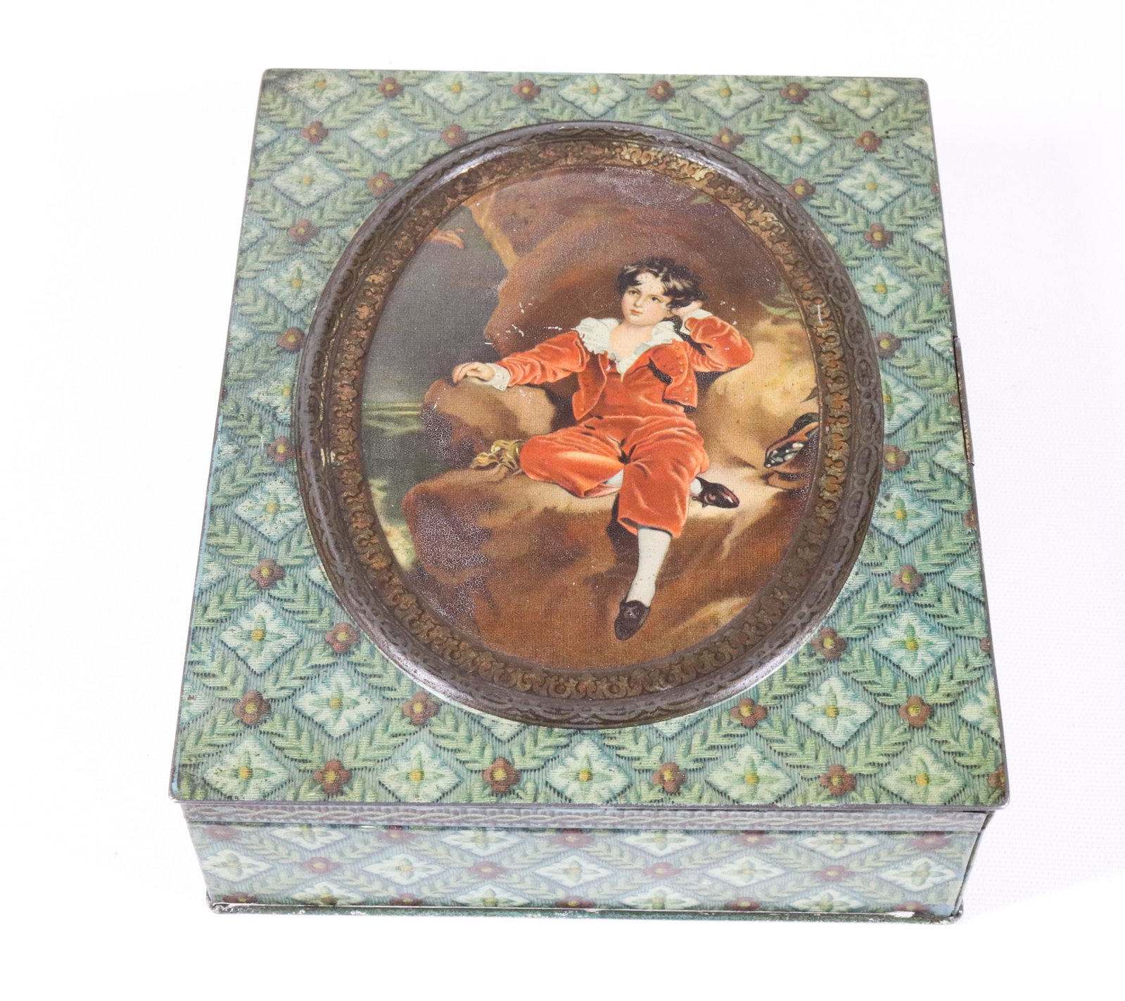 HUNTLEY & PALMERS TIN LITHO BISCUIT TIN: TAPESTRY PAINTING OF MASTER LAMBERTON CA. 1920 2 1/2" X 7" X 8 1/2"