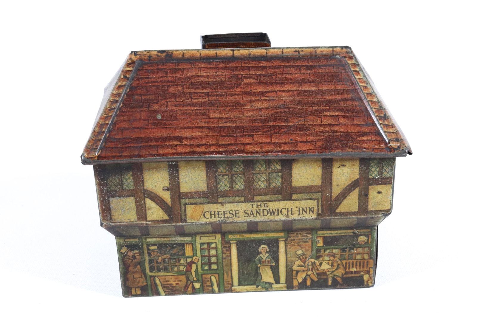 MEREDITH & DREW TIN LITHO BISCUIT TIN: CHEESE SANDWICH INN COUNTRY PUB WITH LIFT-OFF ROOF CA. 1910 4 3/4" X 6 1/4" X 4"
