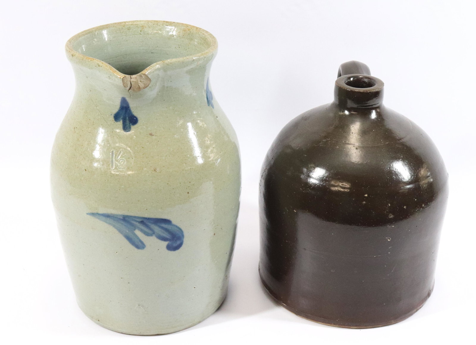 BLUE DECORATED MILK PITCHER AND BROWN JUG (1 of 5)