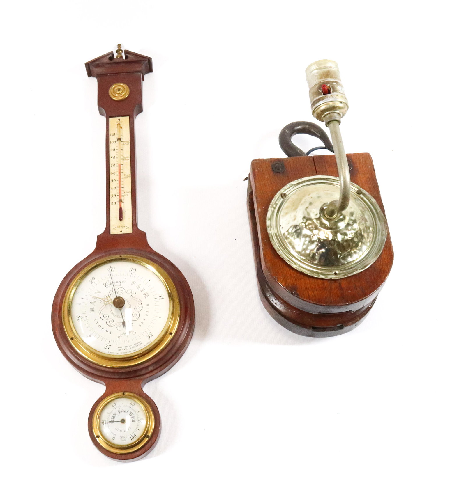 MAHOGANY BAROMETER AND PULLEY LIGHT (1 of 3)