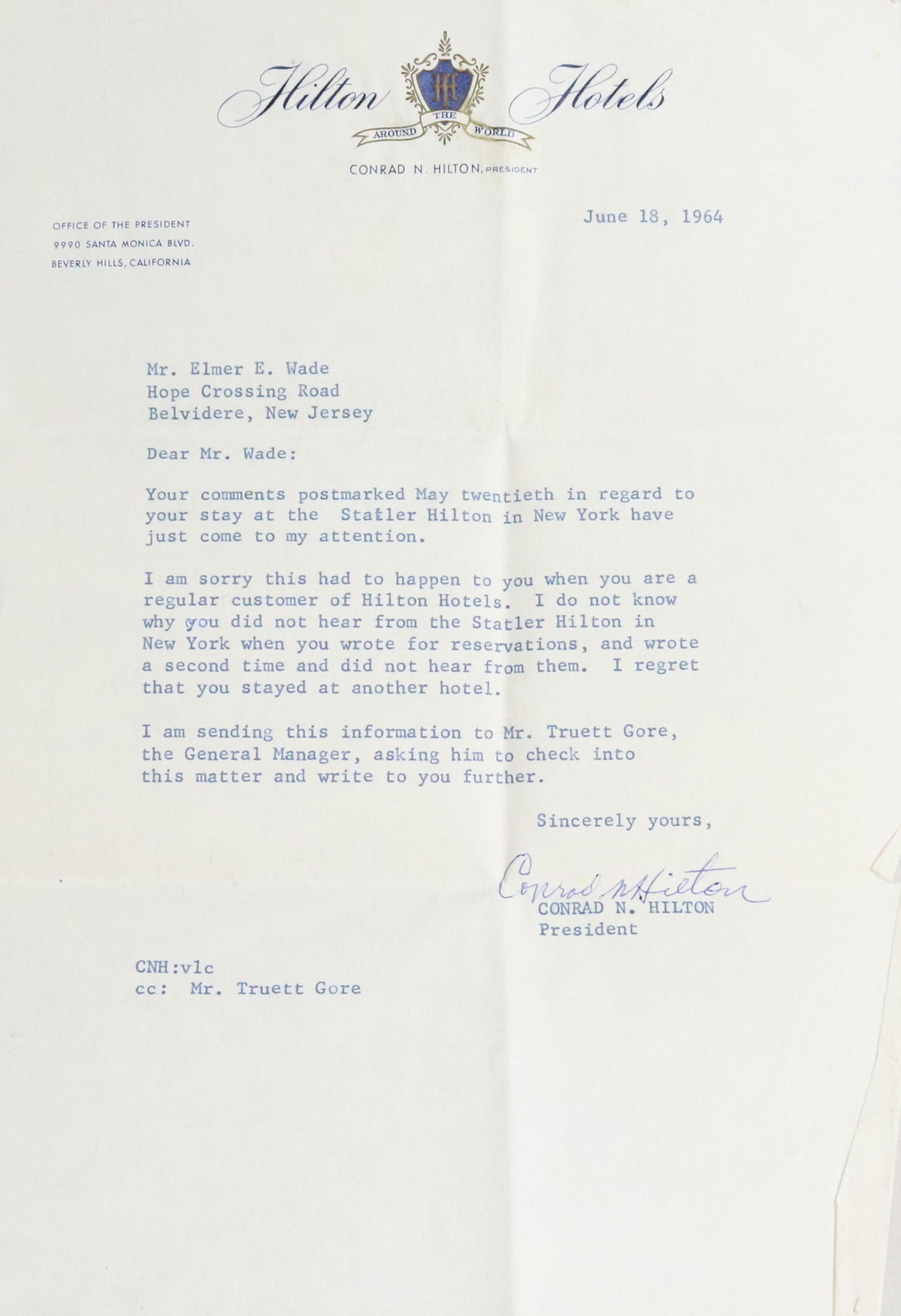 CONRAD HILTON SIGNED LETTER (1 of 2)