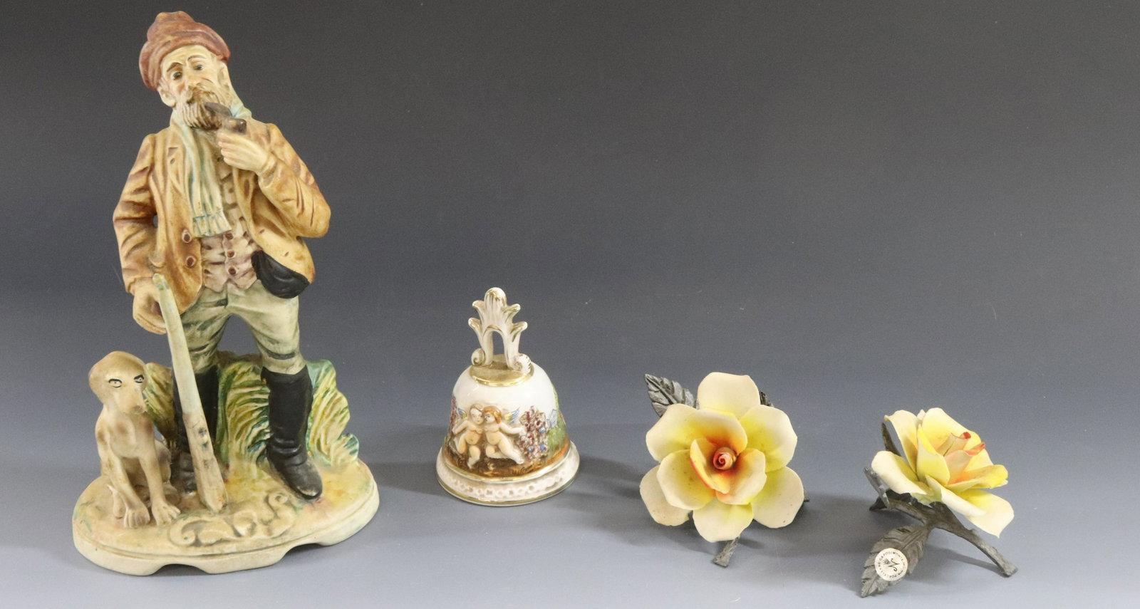 GROUP OF CAPODIMONTE: MAN WITH DOG, FLOWERS AND BELL DIMENSIONS: STATUE 11" TERMS: Hartzell's Auction Gallery will handle most of the shipping in-house. WE do reserve the right to not ship some large items, larger lots of 