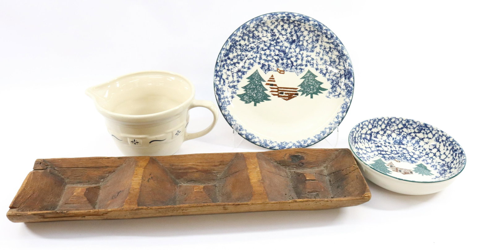 WOODEN TRAY AND MODERN CERAMICS: INCLUDING: LONGABERGER SPOUTED BOWL, CABIN IN THE SNOW BOWL AND CHARGER. DIVIDED WOODEN TRAY DIMENSIONS: WOODEN TRAY 24" L TERMS: Hartzell's Auction Gallery will handle most of the shipping in-house. 