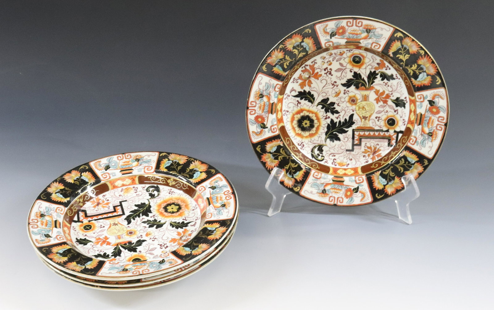 IMARI STYLE SOUP BOWLS: (4) TOTAL ASHWORTH IRONSTONE ENGLAND 19TH CENTURY DIMENSIONS: 9 1/2" DIA TERMS: Hartzell's Auction Gallery will handle most of the shipping in-house. WE do reserve the right to not ship some large ite