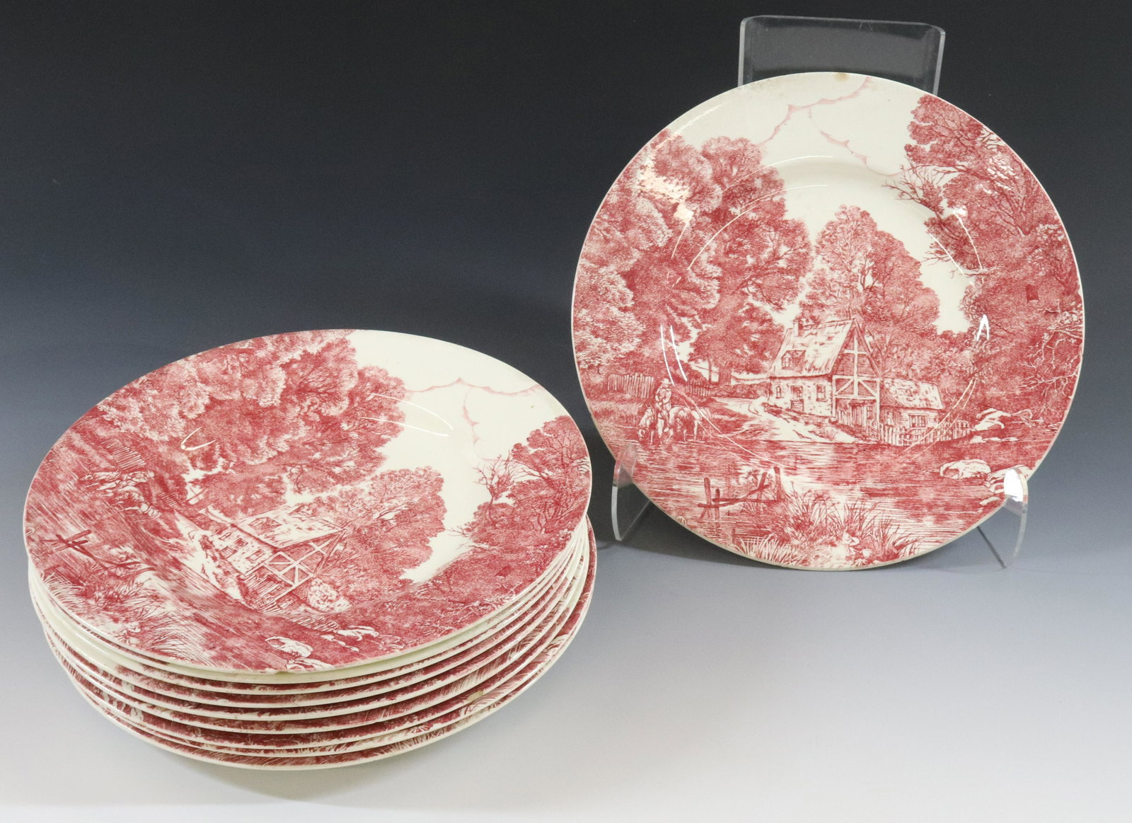 MINTONS DINNER PLATES: (10) RED TRANSFERWARE "THE FORD" PLATES DIMENSIONS: 10 1/2" DIA TERMS: Hartzell's Auction Gallery will handle most of the shipping in-house. WE do reserve the right to not ship some large items, large