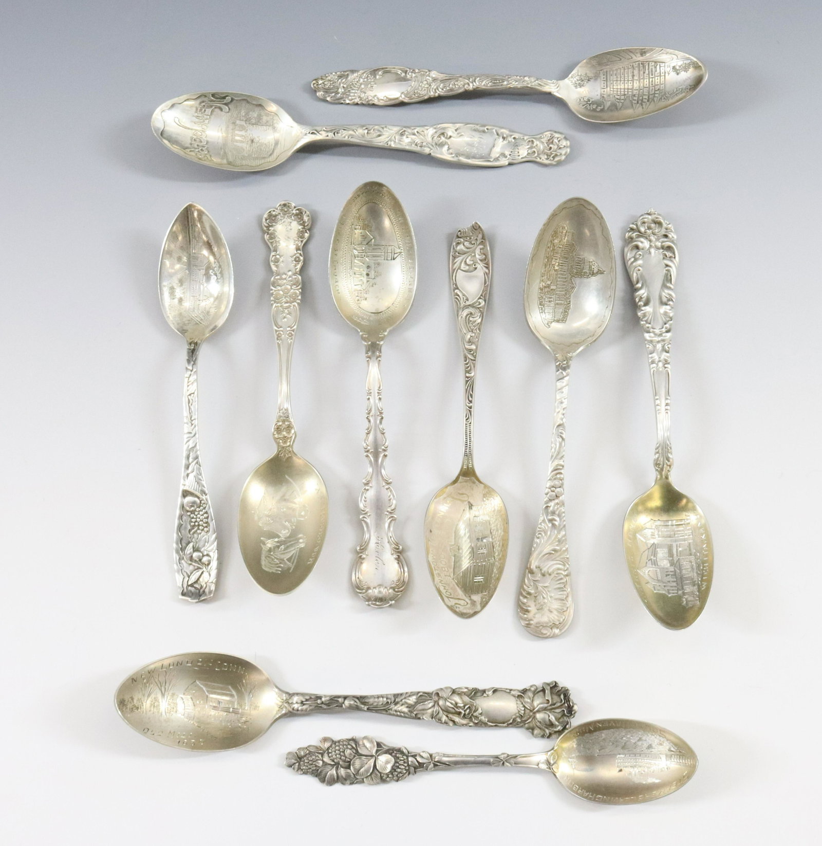 STERLING SILVER SOUVENIR SPOON LOT: (10) INCLUDING - JOHNSTON CENTENNIAL, EMMA 1890, SOUTH HAVEN MICHIGAN, NEW LONDON CONNECTICUT, NEW PORT, HORSEHEADS NEW YORK, WICHITA KANSAS MASONIC HOME, MORRISTOWN BAPTIST CHURCH, STANFORD UNIVERSIT