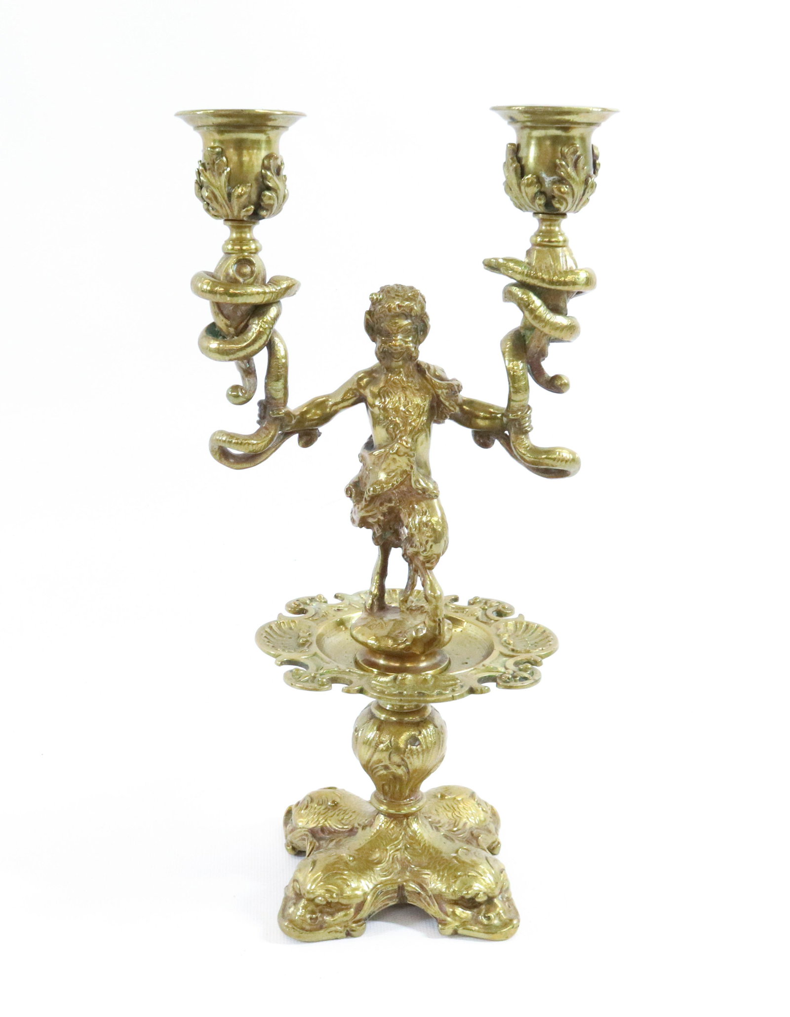 FRENCH BRASS PAN CANDELABRA: TWO LIGHT HEAVY CAST BRASS WITH SNAKES,PAN, DOLPHIN FEET DIMENSIONS: 11 1/2" X 5 1/2" TERMS: Hartzell's Auction Gallery will handle most of the shipping in-house. WE do reserve the right to not ship s