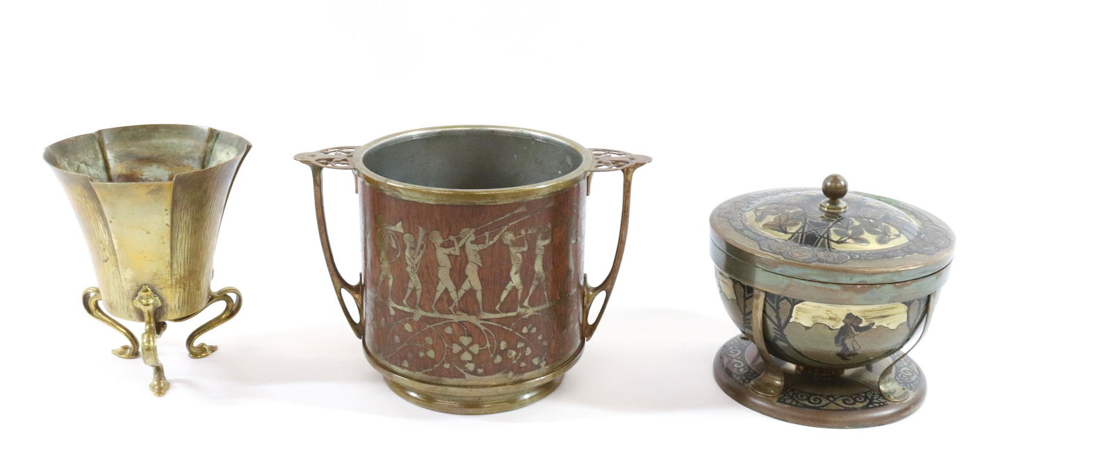 ART DECO METAL GROUP: (3) BRASS WINE COASTER WITH NOUVEAU HANDLES, TROUPE OF CHILDREN WITH MUSICAL INSTRUMENTS, COVERED BOX BRASS WITH MIXED METAL DECO DESIGN OF DANCERS AND BRASS VASE WITH NOUVEAU LEGS TERMS: Hartzell's A