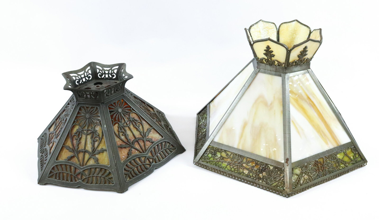SLAG GLASS SHADES: SPELTER FRAMES HEXAGONAL SHAPE 1920S DIMENSIONS: DAISY SHADE 7"X 12" SHADE 10"X 14" TERMS: Hartzell's Auction Gallery will handle most of the shipping in-house. WE do reserve the right to not ship som