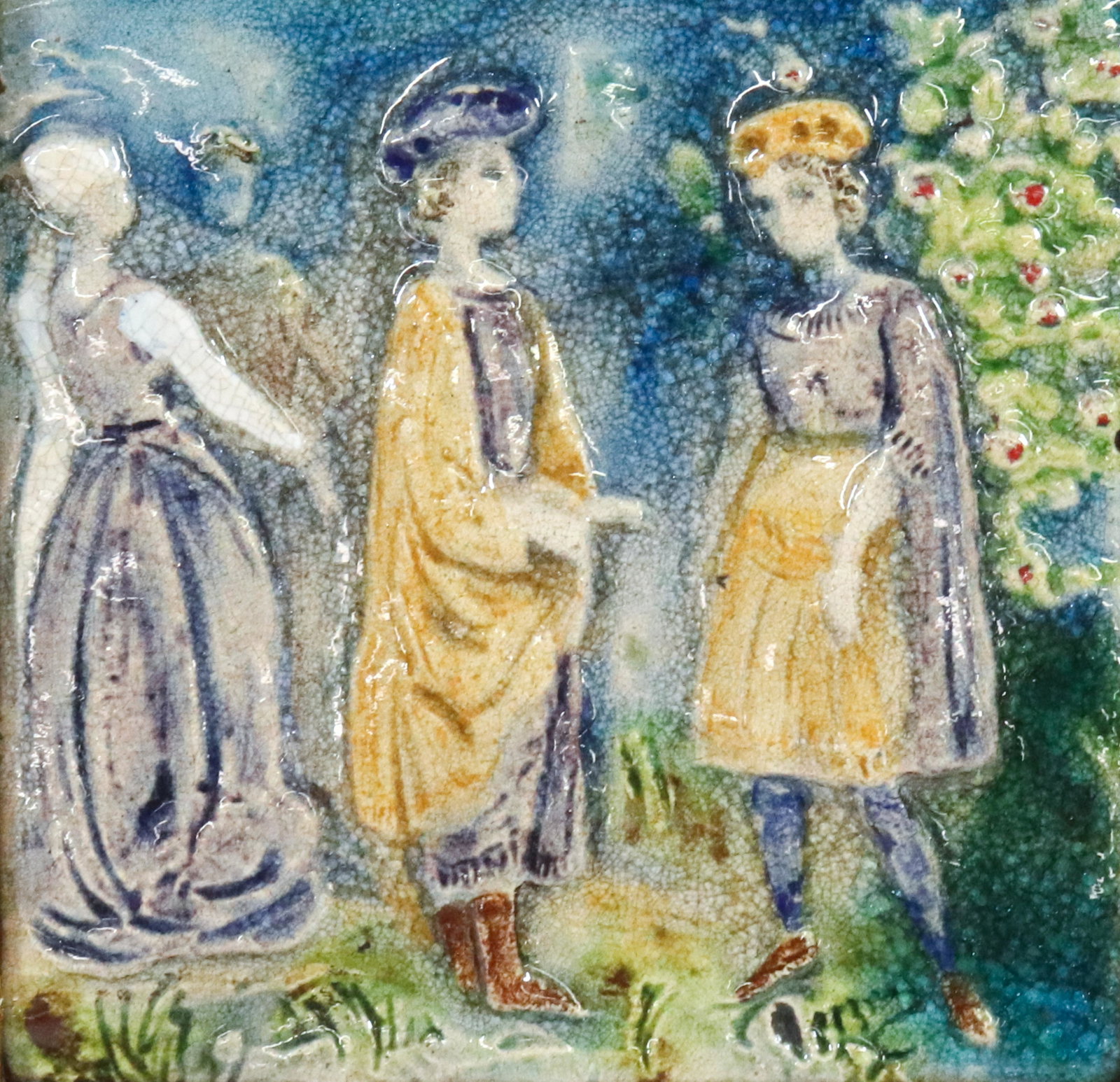 FAIENCE TILE FRAMED: CONTEMPORARY HAND MADE TILE "GARDEN PARTY" SIGNED LOWER RIGHT DIMENSIONS: 9 3/4" SQUARE TERMS: Hartzell's Auction Gallery will handle most of the shipping in-house. WE do reserve the right to not ship