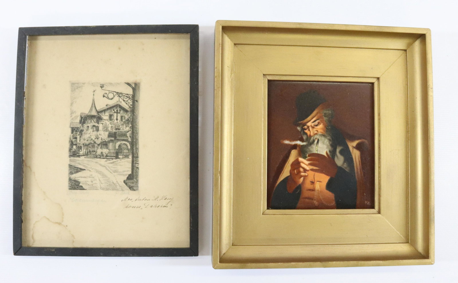 HAND PAINTED TILE AND ETCHING: TILE OF GENTLEMAN LIGHTING A PIPE SIGNED HZ AND ETCHING OF "MRS. ANTON M. LANG HOUSE" DAHEIM? 1910 ERA DIMENSIONS: ETCHING 10"H X 8" TILE 4 3/4"H X 5" TERMS: Hartzell's Auction Gallery will handle mos
