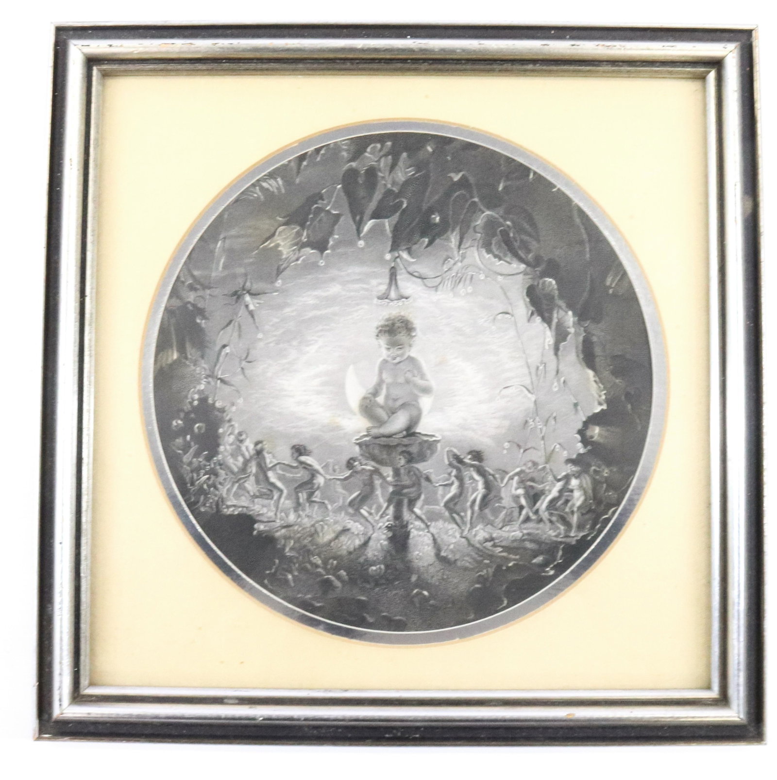 FRENCH ENGRAVING: PUCK AND THE FAIRIES IN EARLY MORNING DEW 19TH CENTURY DIMENSIONS: 8" DIA TERMS: Hartzell's Auction Gallery will handle most of the shipping in-house. WE do reserve the right to not ship some large it