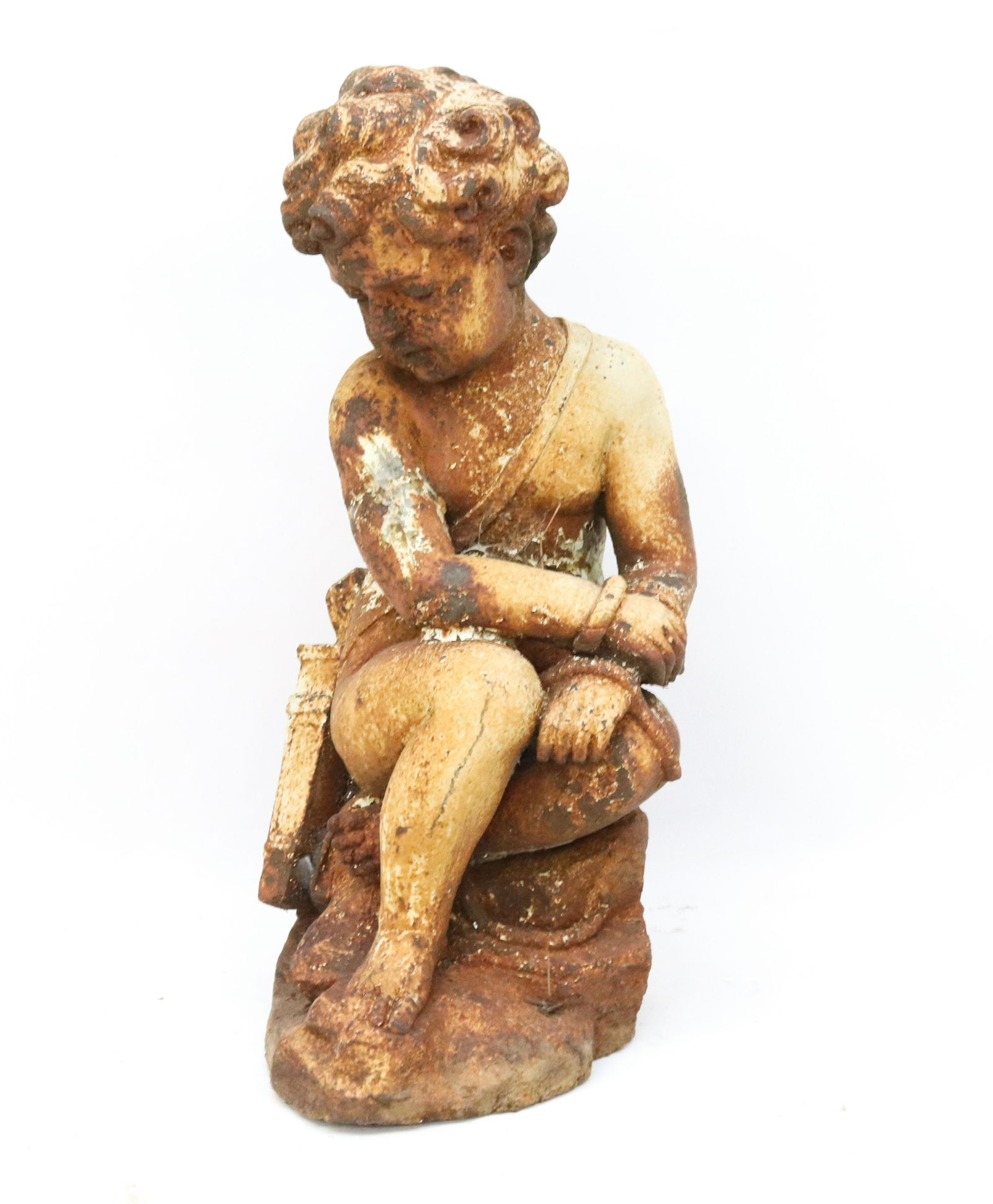 CAST IRON GARDEN STATUE: FIGURE OF A PUTTO SEATED ON ROCK DIMENSIONS: 25" H TERMS: Hartzell's Auction Gallery will handle most of the shipping in-house. WE do reserve the right to not ship some large items, larger lots of gla