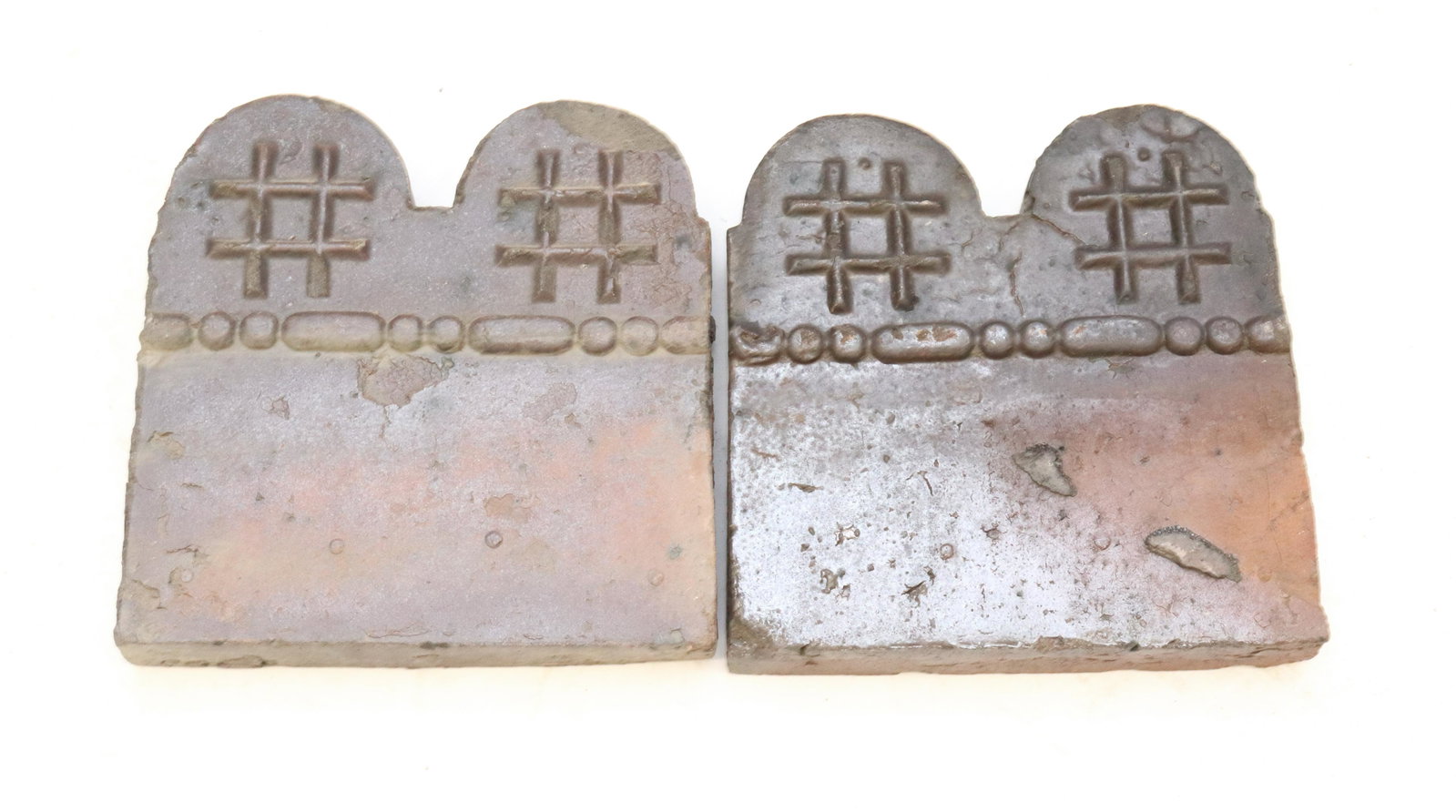 SOUTHERN POTTERY GARDEN EDGE MARKER TILES: (17) MOLDED "SLAVE" TILES WITH DECORATIVE GRIDS, BEADING AND ARCHED TOPS. DIMENSIONS: 8" X 8" TERMS: Hartzell's Auction Gallery will handle most of the shipping in-house. WE do reserve the right to no