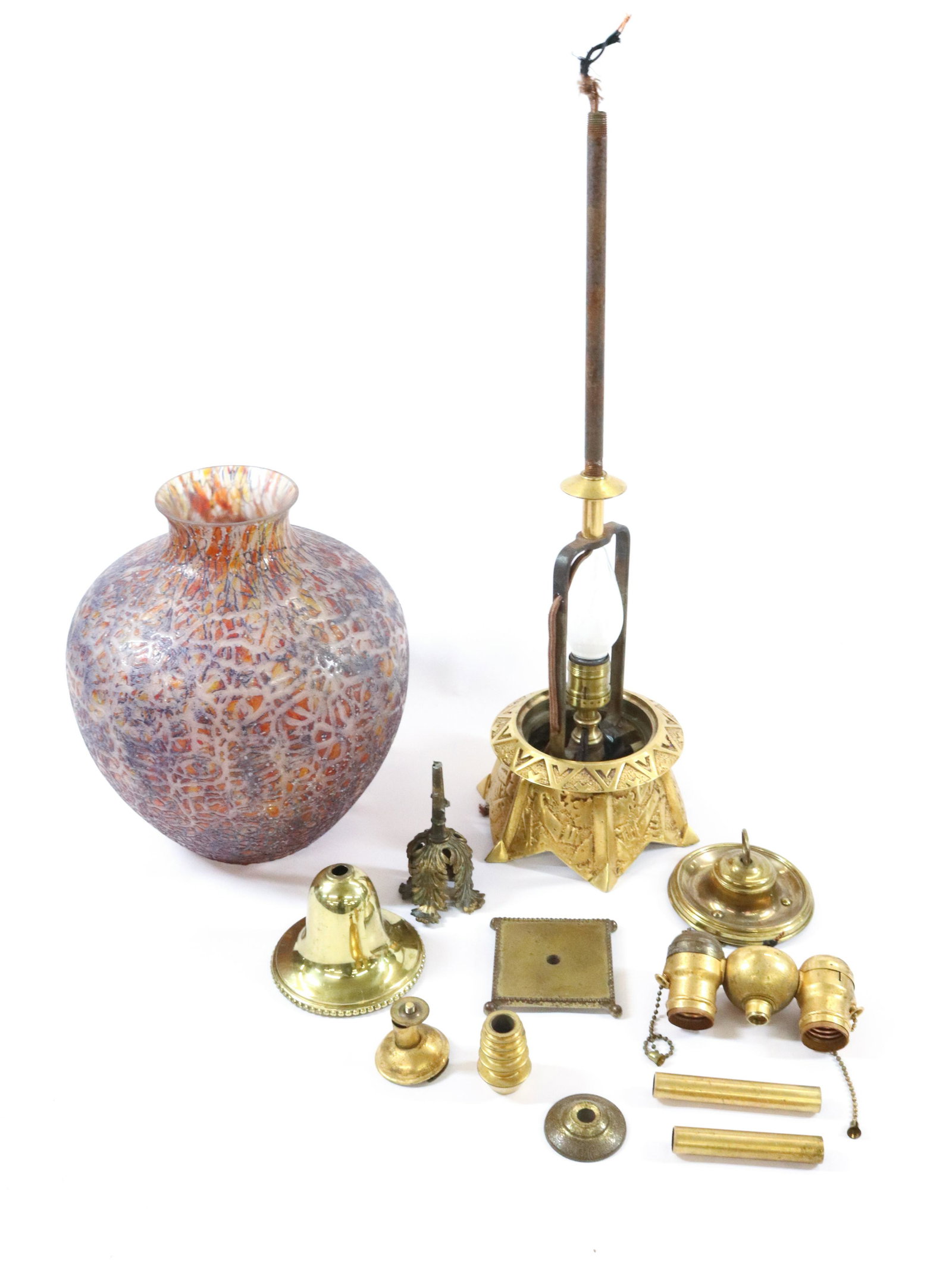 LAMP PARTS LOTS: INCLUDING HEAVY BRASS FIXTURE AND ART GLASS SHADE AND MORE BRASS PARTS DIMENSIONS: SHADE 10 1/2"H X 9" DIA TERMS: Hartzell's Auction Gallery will handle most of the shipping in-house. WE do reserve th