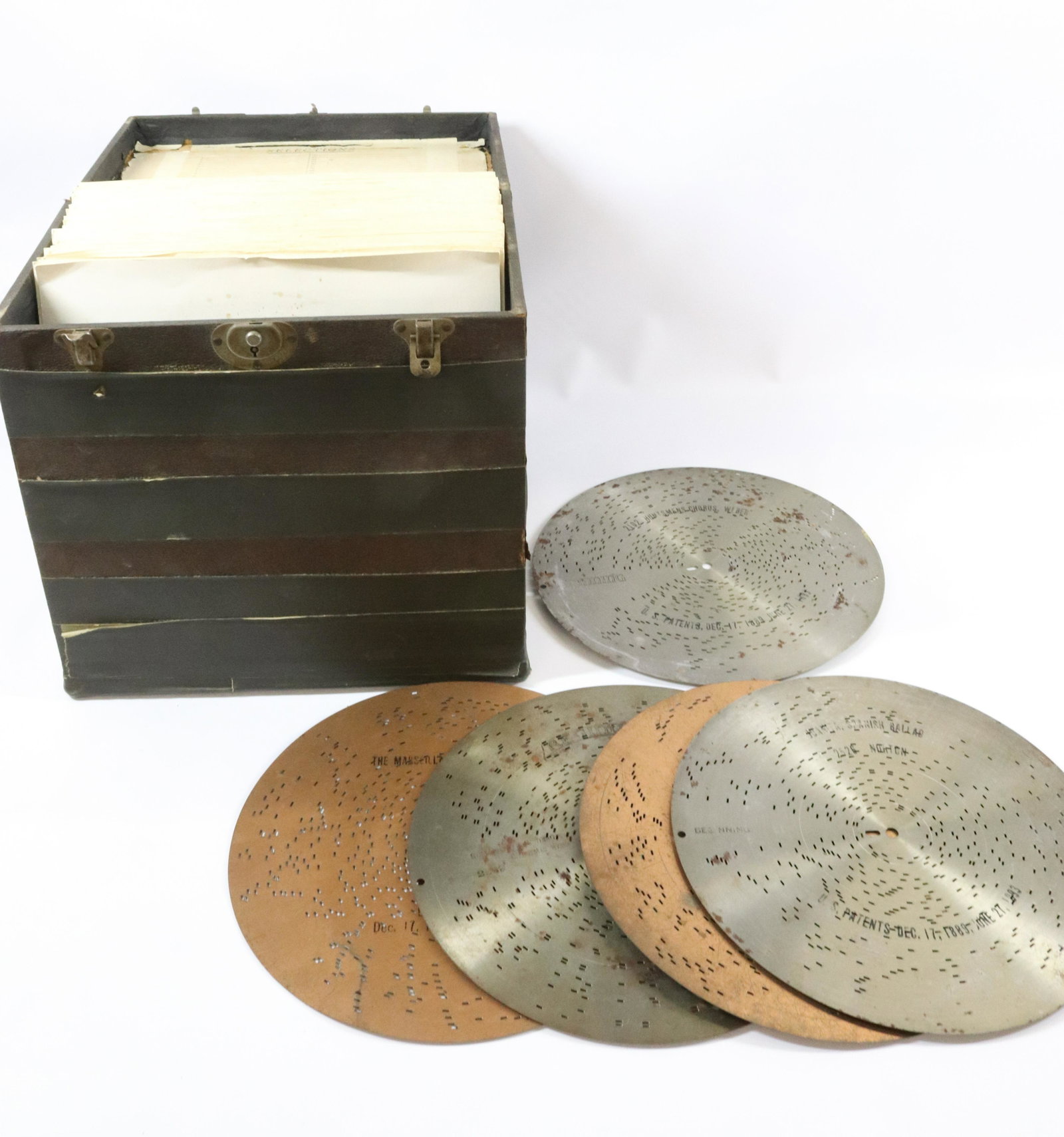 MUSIC BOX DISCS: (57) DISCS IN BOX DIMENSIONS: 11" TERMS: Hartzell's Auction Gallery will handle most of the shipping in-house. WE do reserve the right to not ship some large items, larger lots of glassware, Furniture