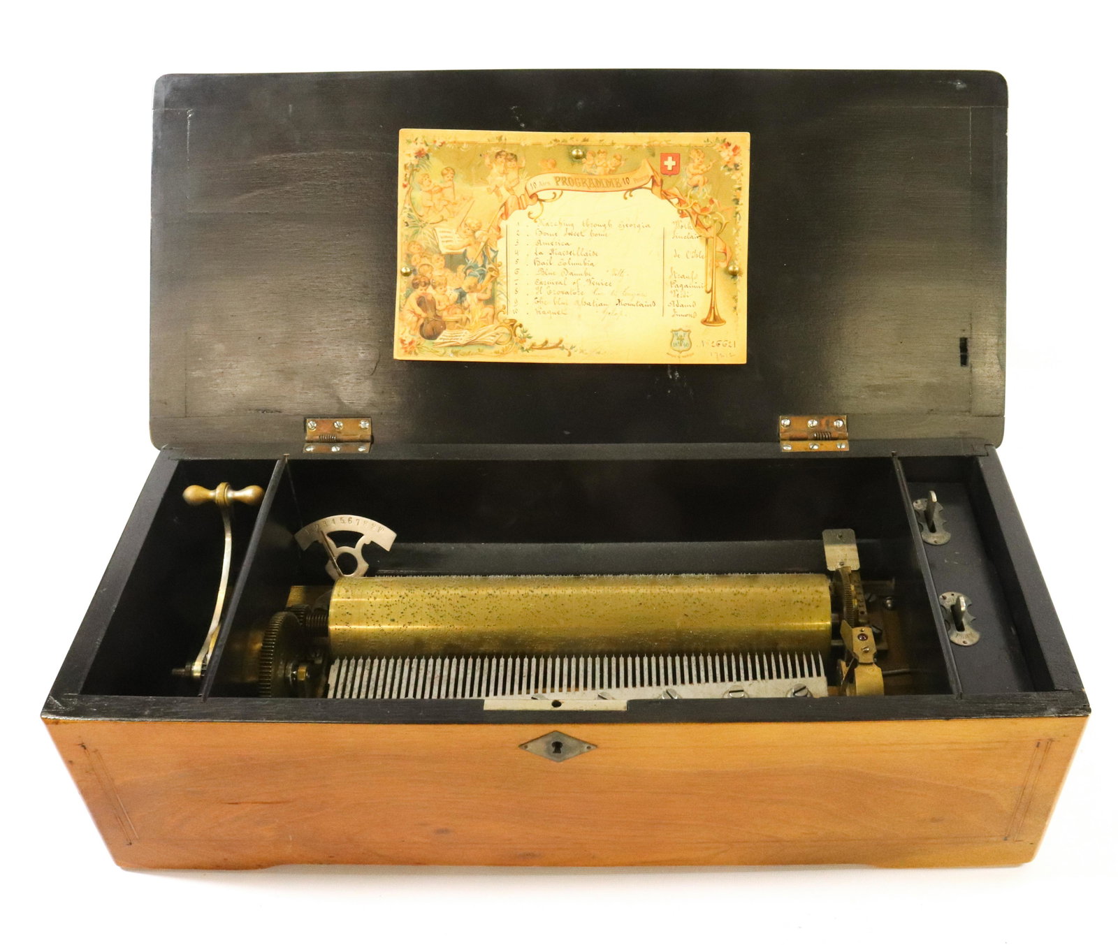 FRENCH CYLINDER MUSIC BOX: JACOT'S PATENT APRIL 10 1887 ORIGINAL PROGRAM WITH TEN TUNES LISTED IN FRENCH WORKING ORDER AND COMPLETE DIMENSIONS: 5 3/4"H X 20 1/4" X 9" TERMS: Hartzell's Auction Gallery will handle most of the sh