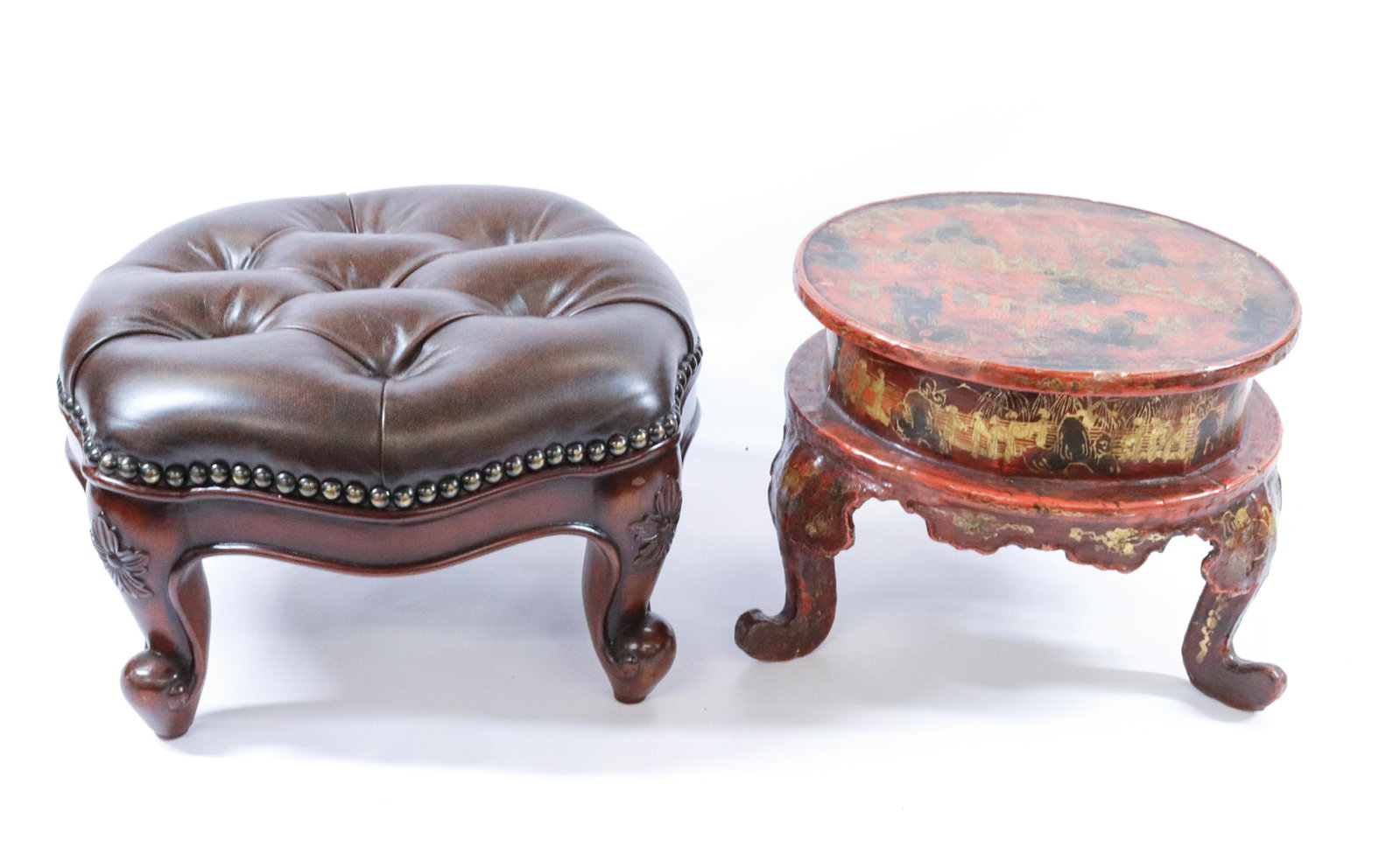 FOOT STOOL AND STAND: TUFTED VINYL ON WOOD FRAME FOOTSTOOL WITH RED LACQUER ASIAN STAND DIMENSIONS: 8"H X 13" 8 1/2" X 11" TERMS: Hartzell's Auction Gallery will handle most of the shipping in-house. WE do reserve the righ
