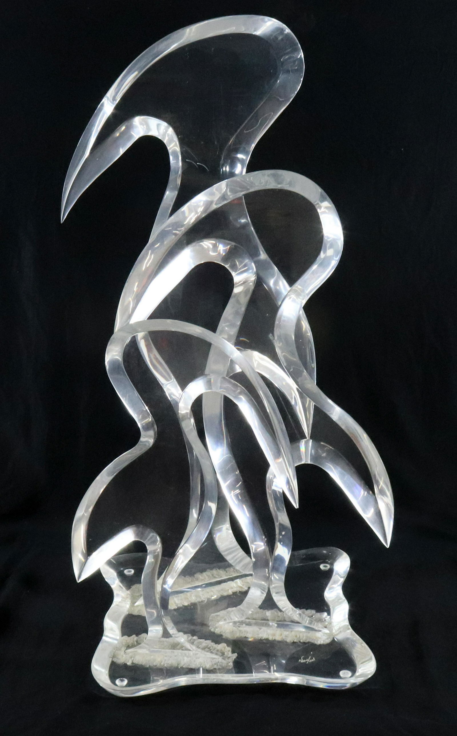 HIVO VAN TEAL LUCITE SCULPTURE: THREE BIRDS ON SIGNED BASE. BEVELED LUCITE EDGES DIMENSIONS: 28 1/2" X 16" TERMS: Hartzell's Auction Gallery will handle most of the shipping in-house. WE do reserve the right to not ship some large i