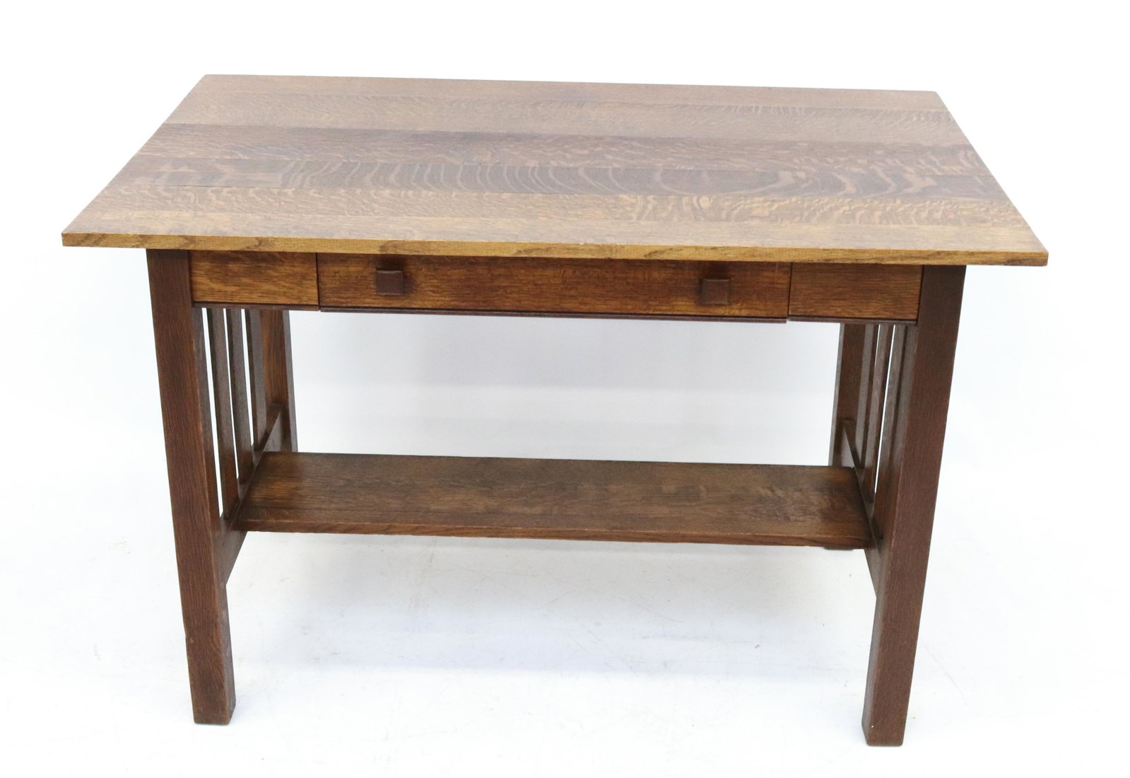 ARTS & CRAFTS OAK WRITING DESK: SINGLE DRAWER WITH LABEL ON BOTTOM "LARKIN CO. NO. 16" DIMENSIONS: 29" X 44" X 27 1/4" TERMS: Hartzell's Auction Gallery will handle most of the shipping in-house. WE do reserve the right to not ship 