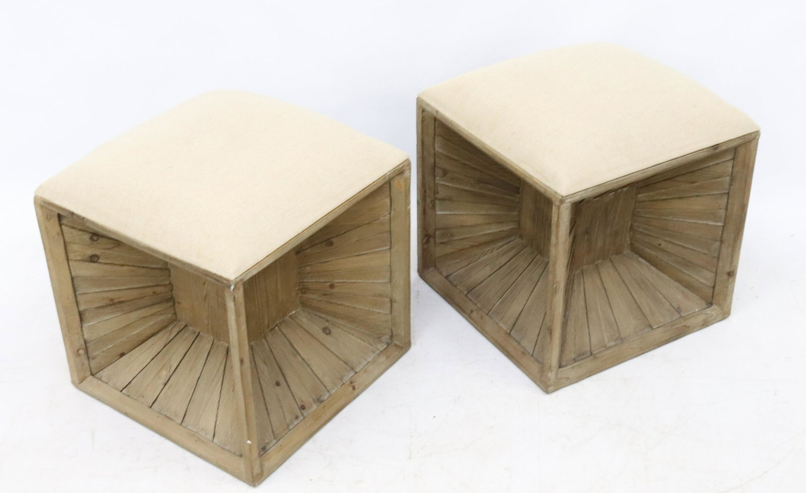 PAIR OF UPHOLSTERED SEATS: DECORATIVE CUBE SEATING OR OTTOMANS BY UTTERMOST DIMENSIONS: 19" X 17 1/4" X 17 1/4" TERMS: Hartzell's Auction Gallery will handle most of the shipping in-house. WE do reserve the right to not ship so
