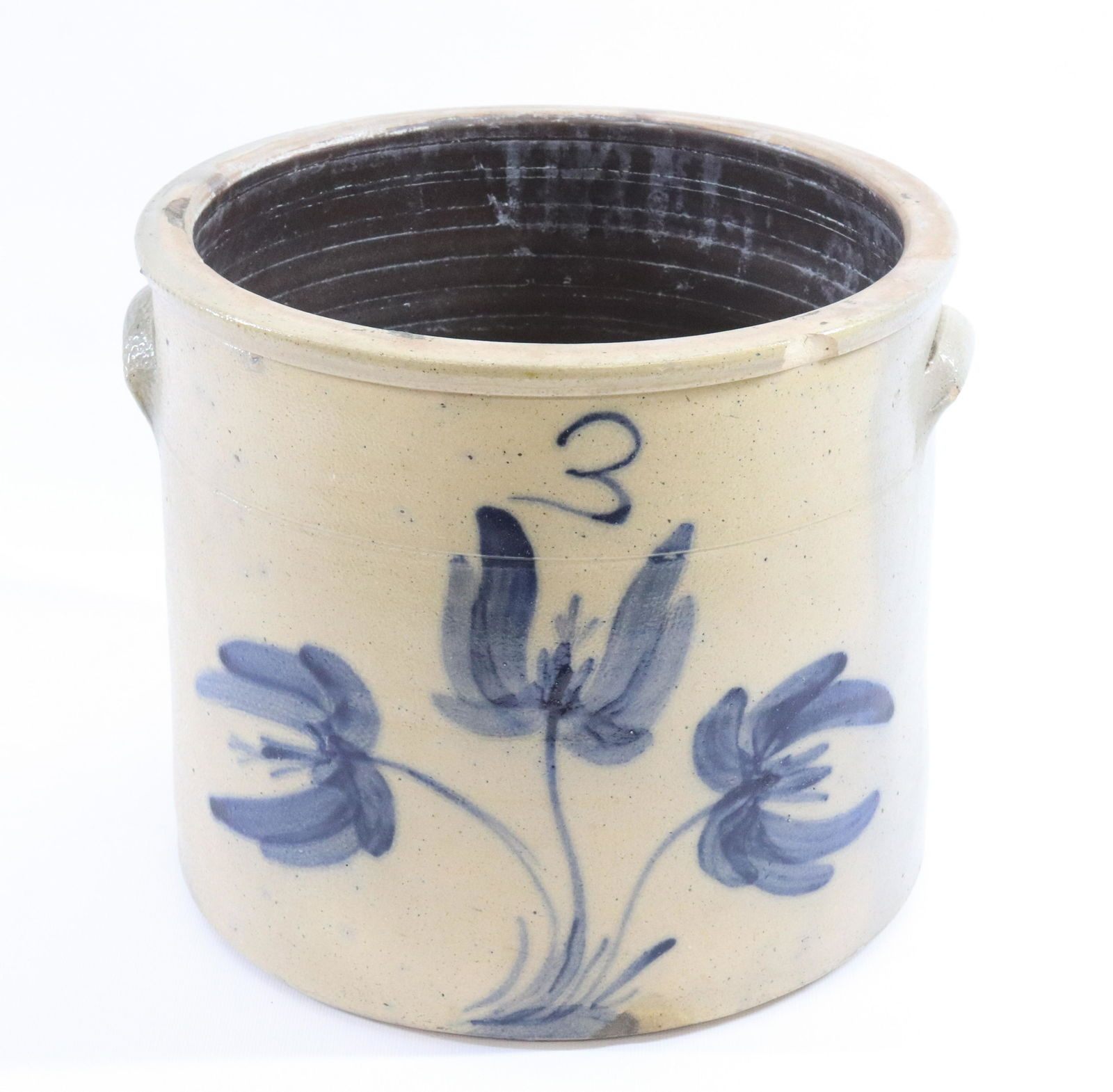 BLUE DECORATED STONEWARE CROCK WITH TULIPS (1 of 5)