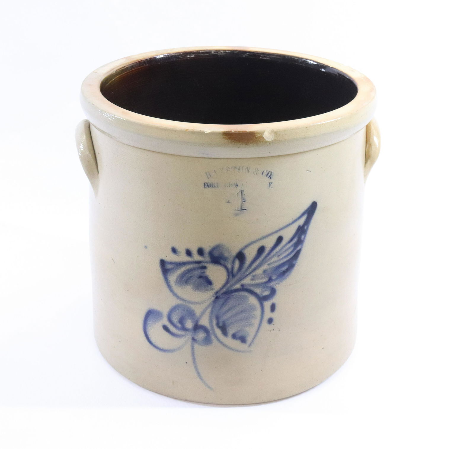 BLUE DECORATED STONEWARE CROCK WITH LEAF DESIGN (1 of 6)