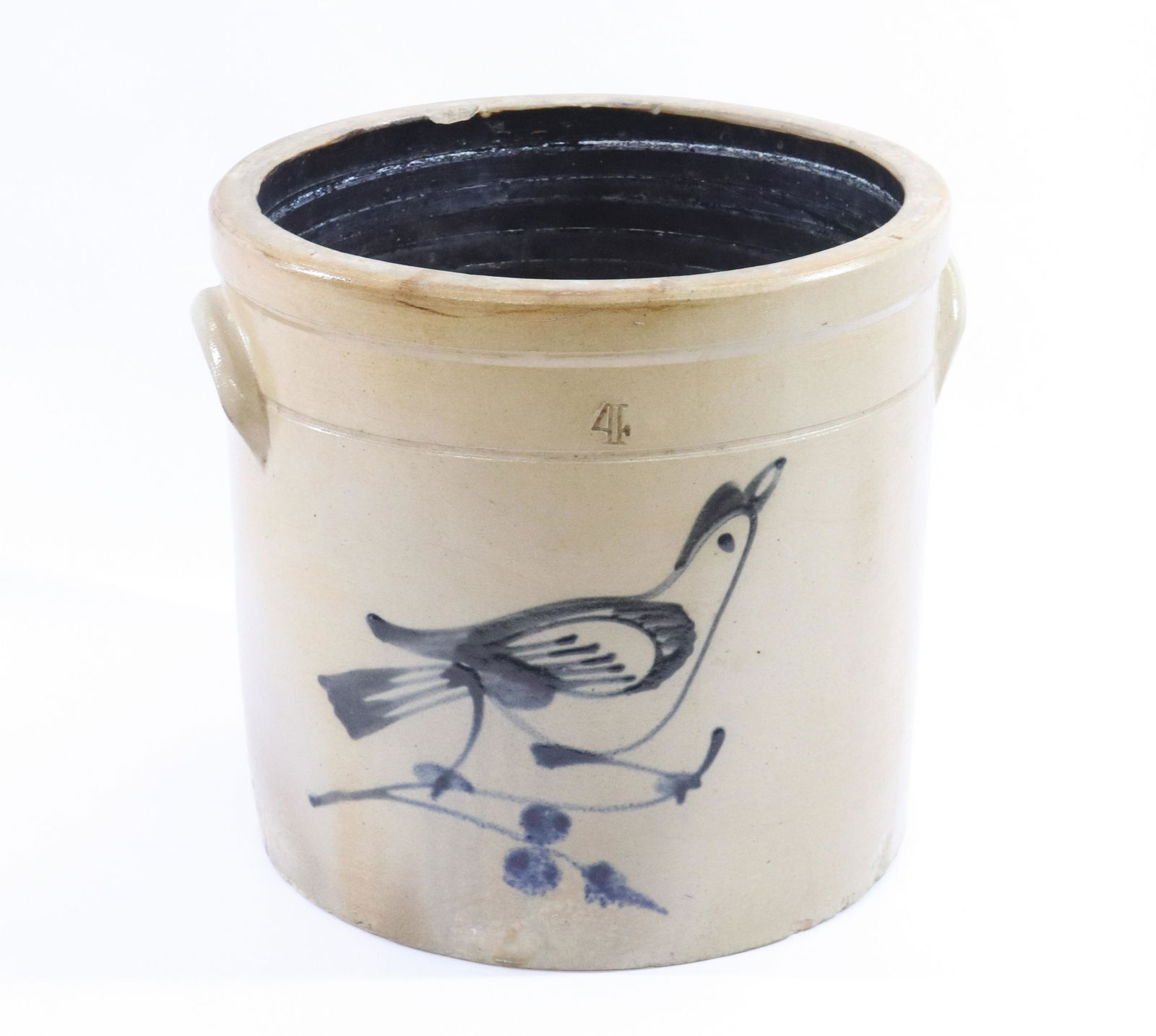 BLUE DECORATED STONEWARE CROCK WITH BIRD (1 of 5)