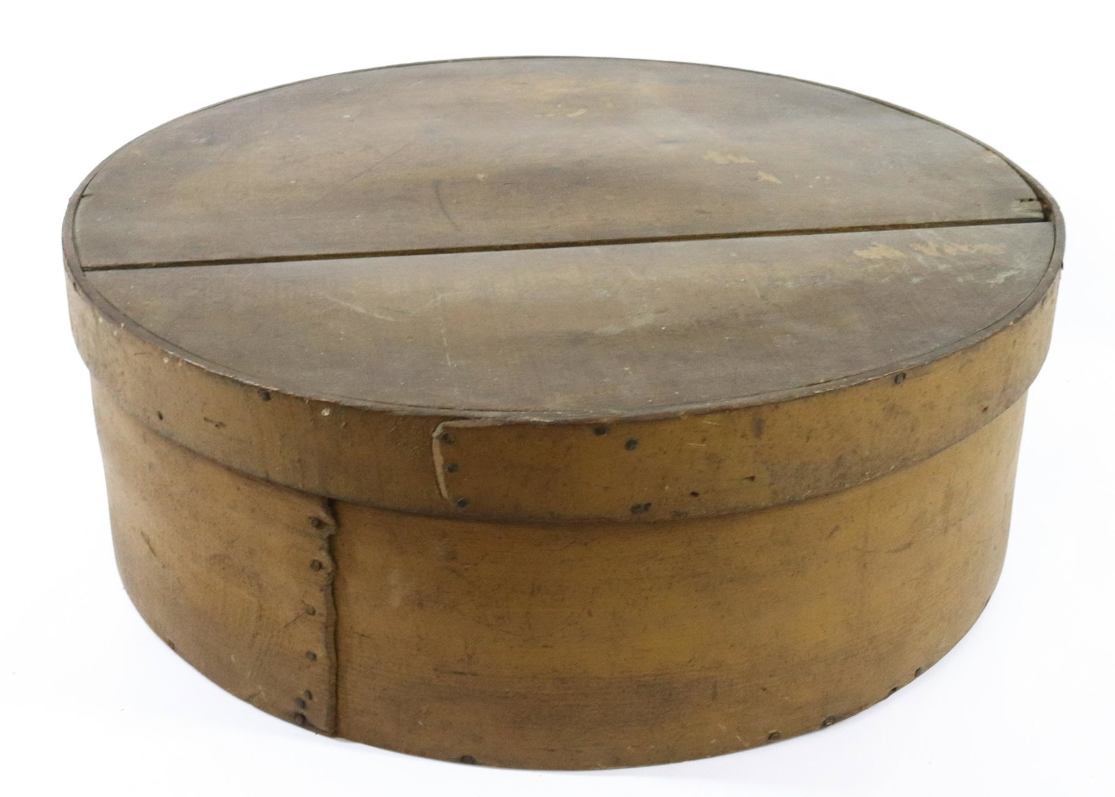 PAINTED WOODEN CHEESEBOX: MUSTARD PAINTED SURFACE. Size: 8" X 22 1/2" Terms: Hartzell's Auction Gallery will handle most of the shipping in-house. WE do reserve the right to not ship some large items, larger lots of glassware,